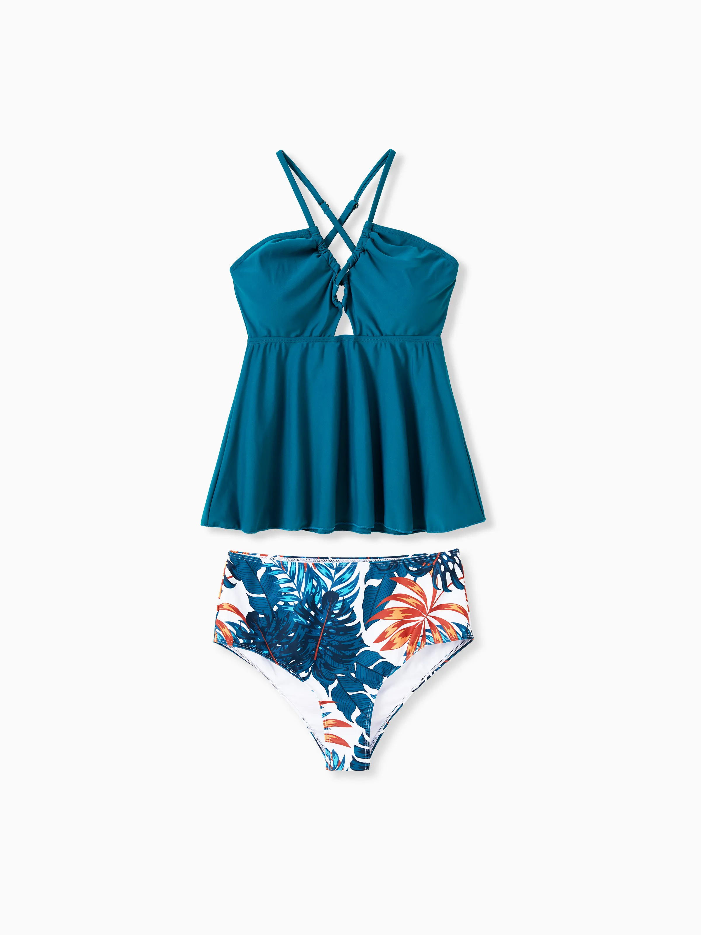 

Family Matching Swimsuits Tropical Leaf Pattern Drawstring Swim Trunks or Cross Strap Flowy Tankini