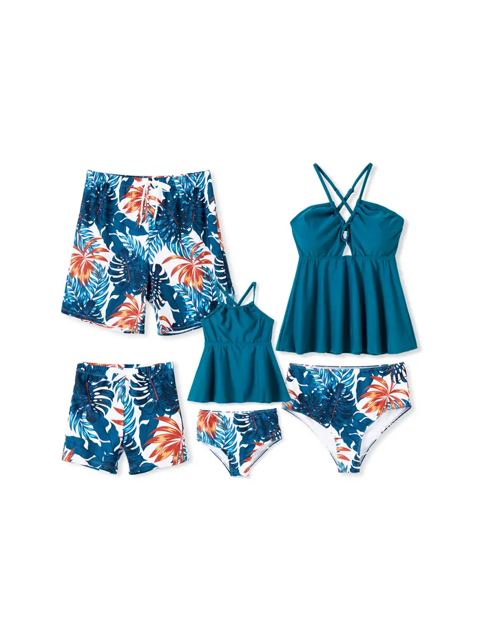 Family Matching Swimsuits Tropical Leaf Pattern Drawstring Swim Trunks or Cross Strap Flowy Tankini