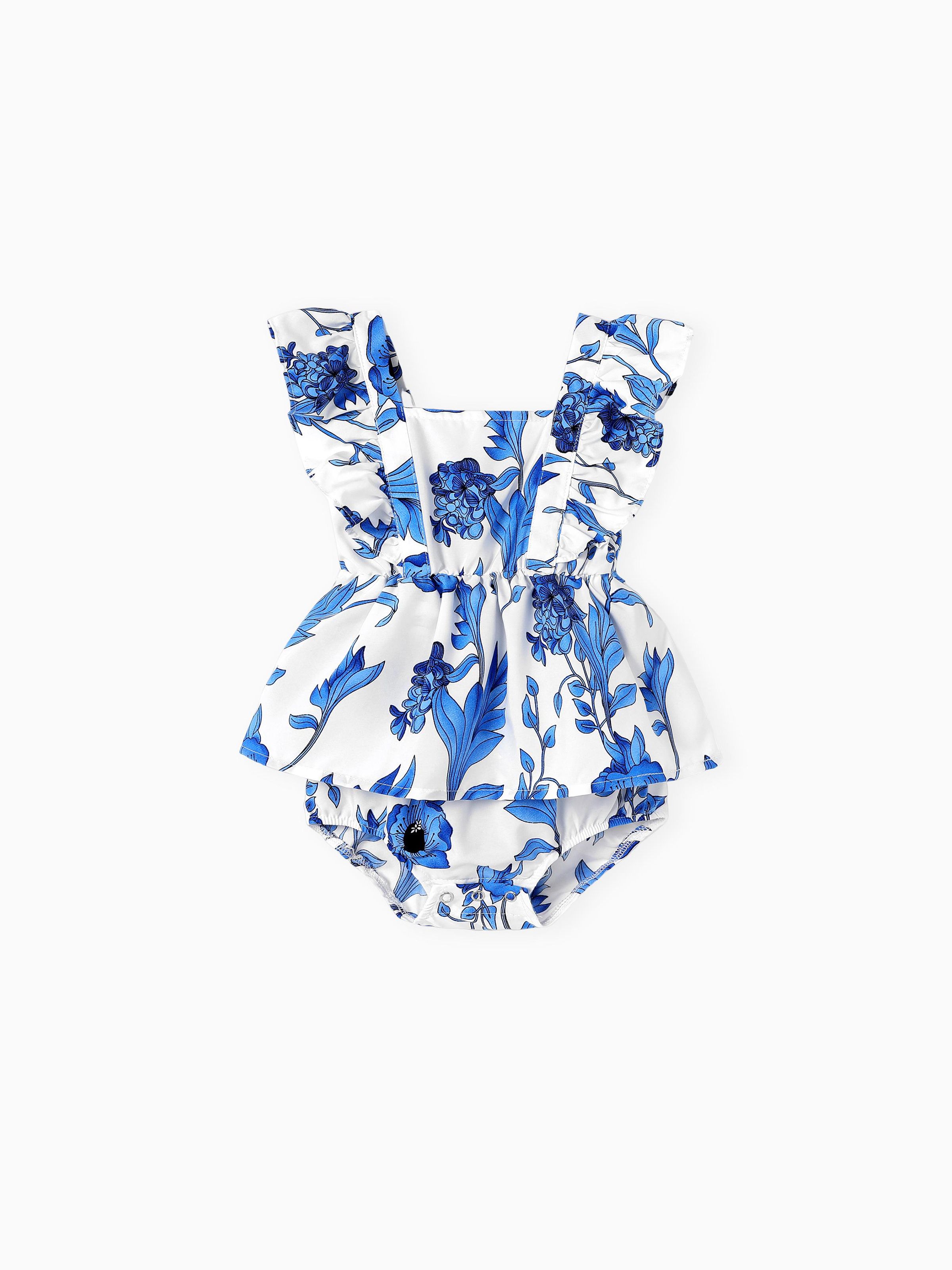 

Mommy and Me Blue Floral Shirred Top Ruffle Hem Strap Dress