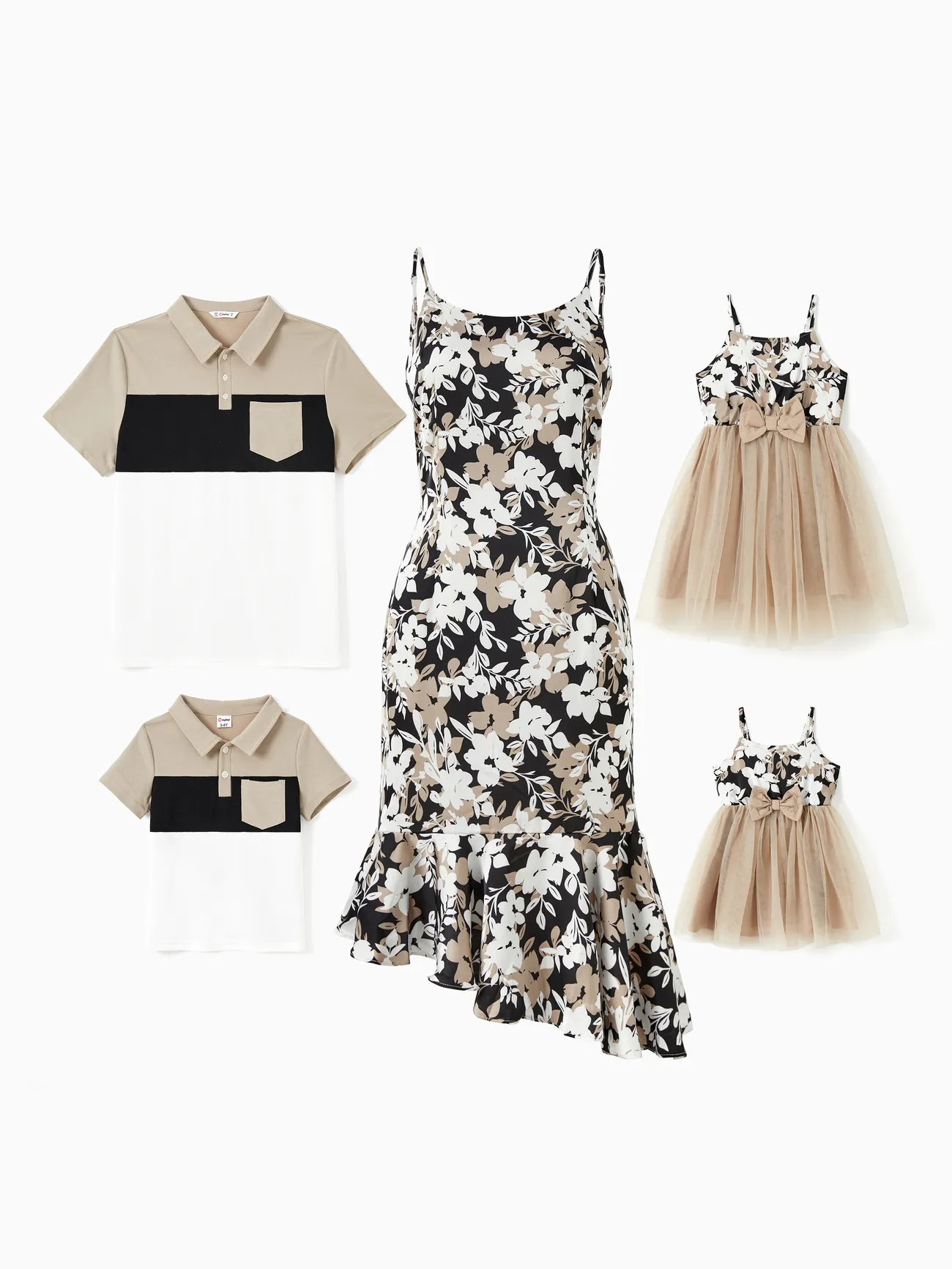 Family Matching Sets Color Block Shirt or Floral Body-con Asymmetrical Hem/Tulle Strap Dress - Apricot - image 1
