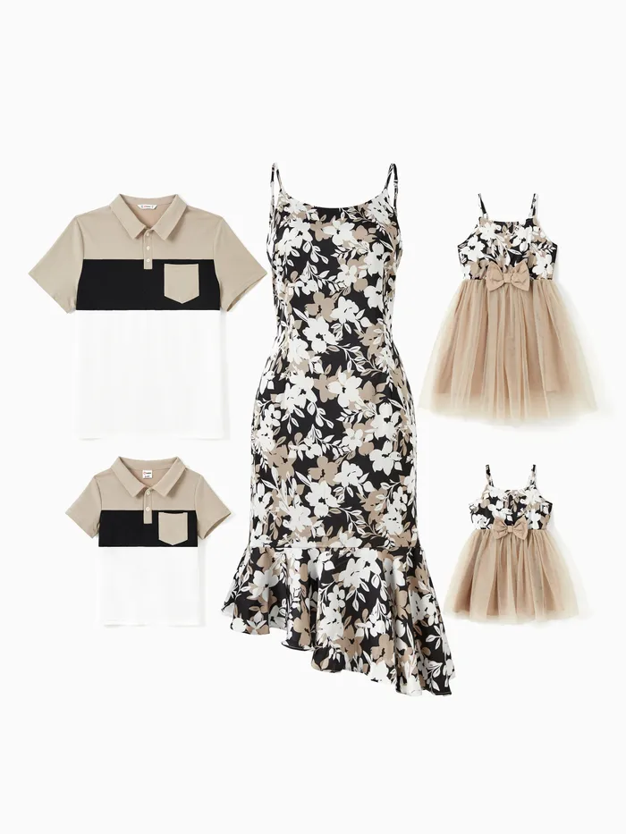 Family Matching Sets Color Block Shirt or Floral Body-con Asymmetrical Hem/Tulle Strap Dress