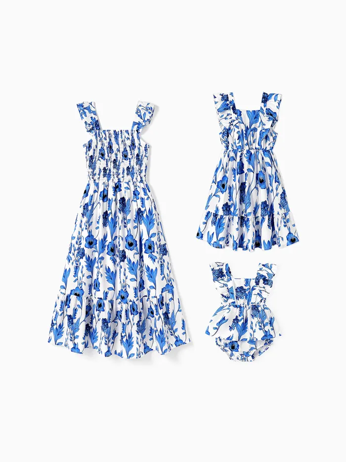 Mommy and Me Blue Floral Shirred Top Ruffle Hem Strap Dress 