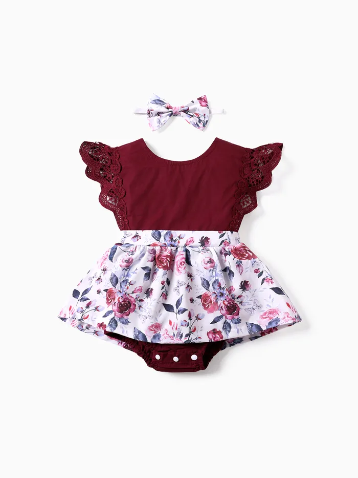 2pcs Baby Girl 95% Cotton Lace Flutter-sleeve Floral Print Romper with Headband Set