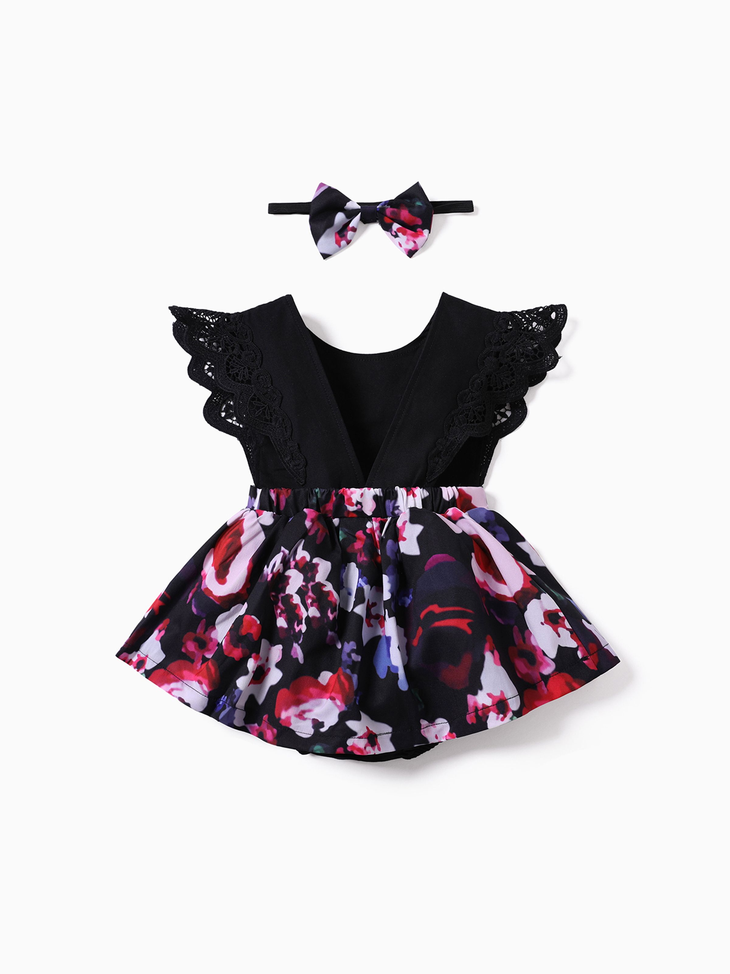

2pcs Baby Girl 95% Cotton Lace Flutter-sleeve Floral Print Romper with Headband Set