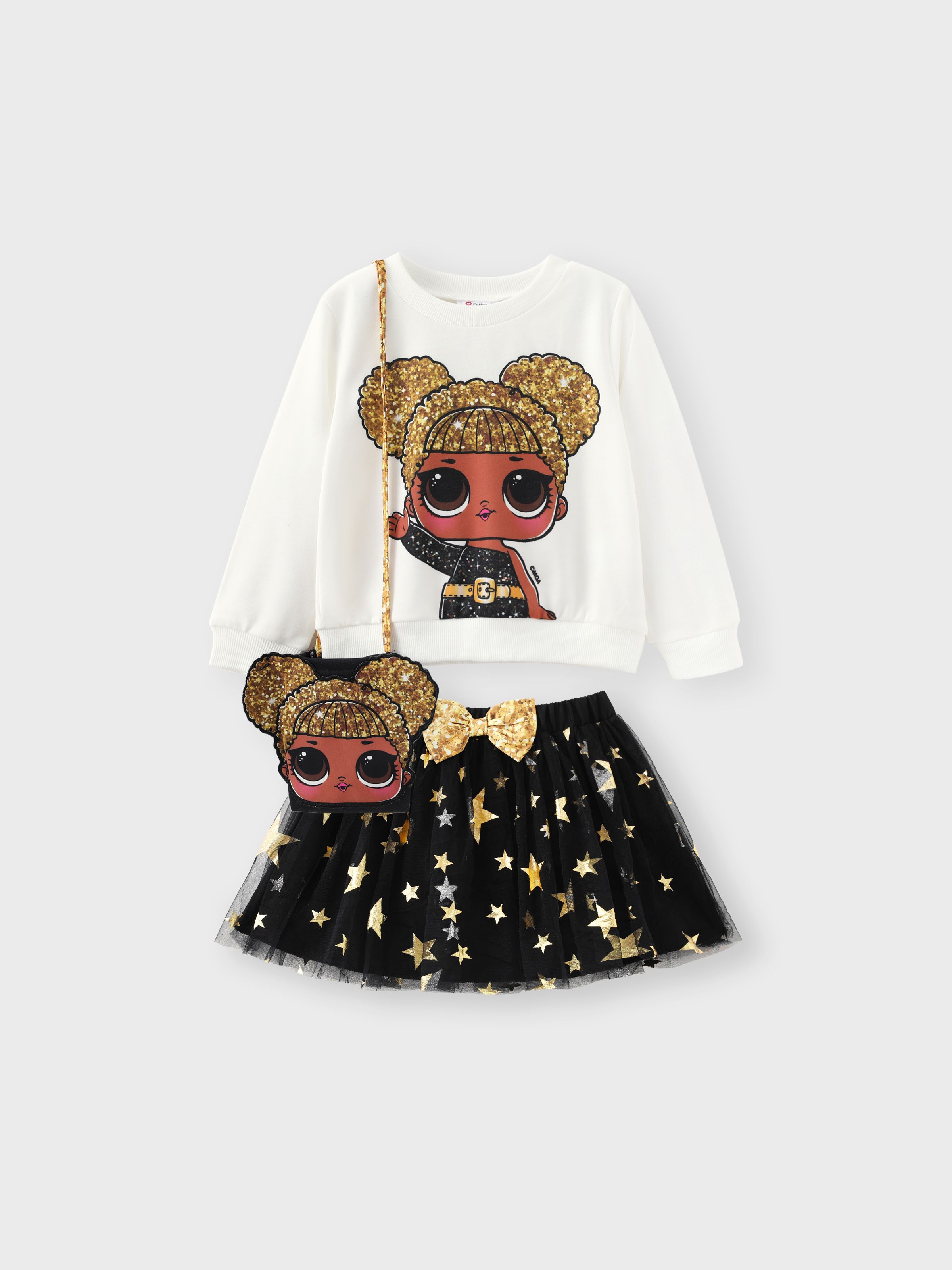 

L.O.L. SURPRISE! 3pcs Toddler Girl Character Print Long-sleeve Tee and Star Glitter Design Mesh Skirt and Bag Set