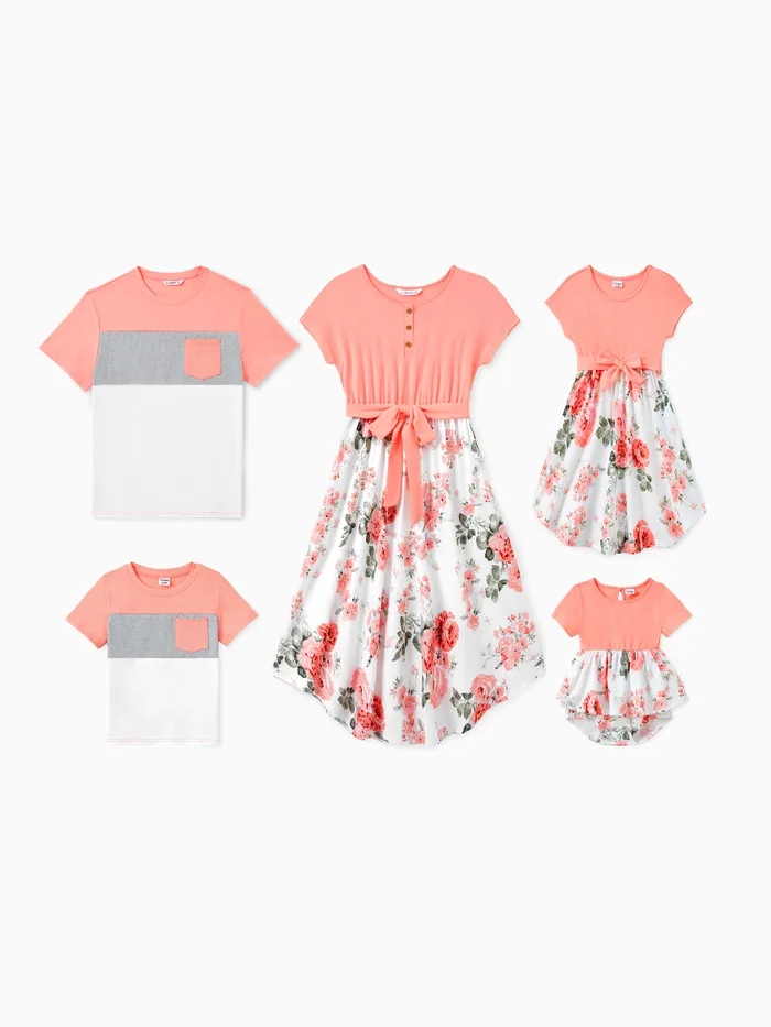Family Matching Sets Pinkish Orange Cap-sleeve Spliced Floral Dresses and Short-sleeve Color Block T-shirts 