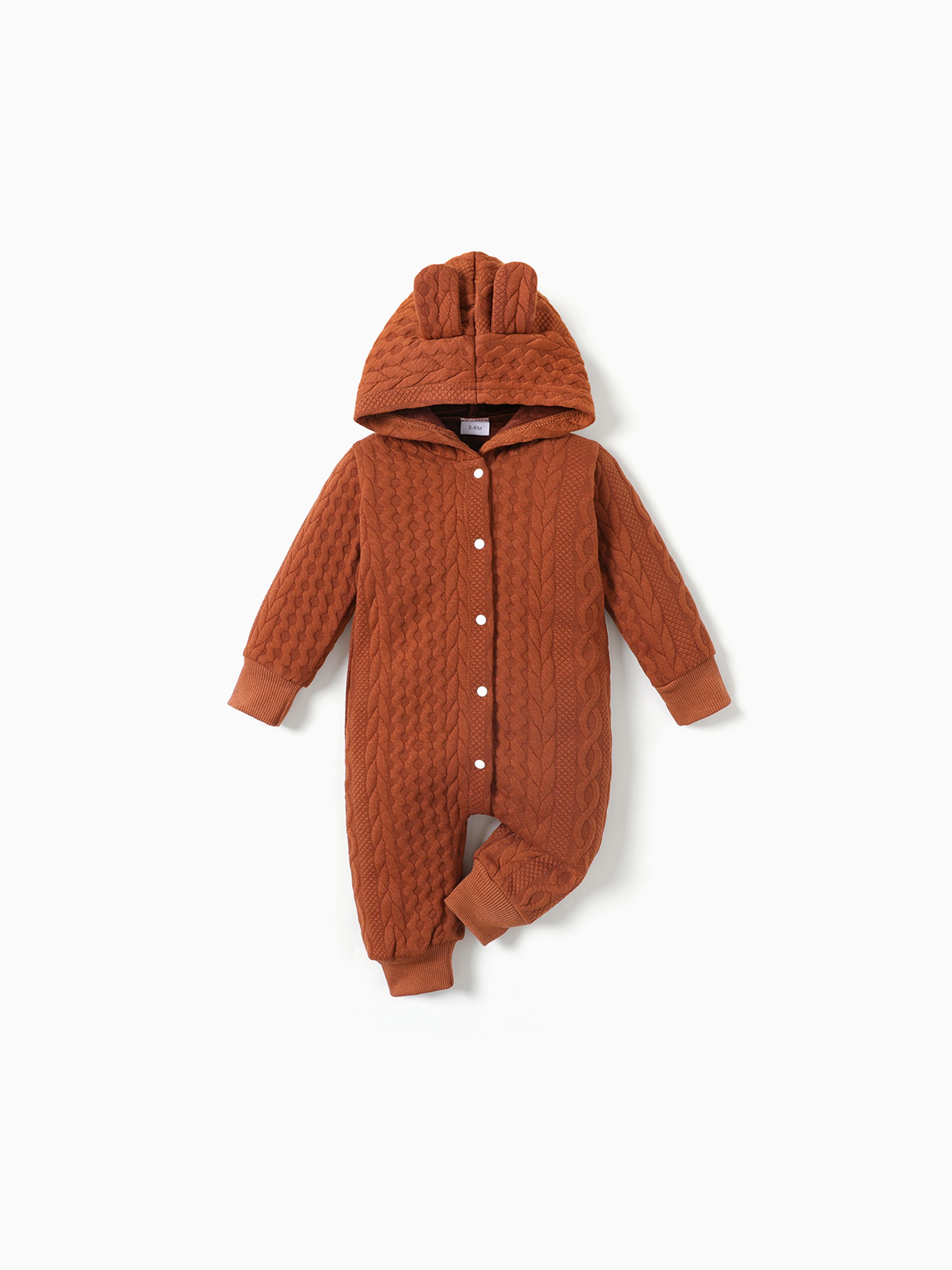 

Solid Knitted Hooded Long-sleeve Pink Baby Jumpsuit