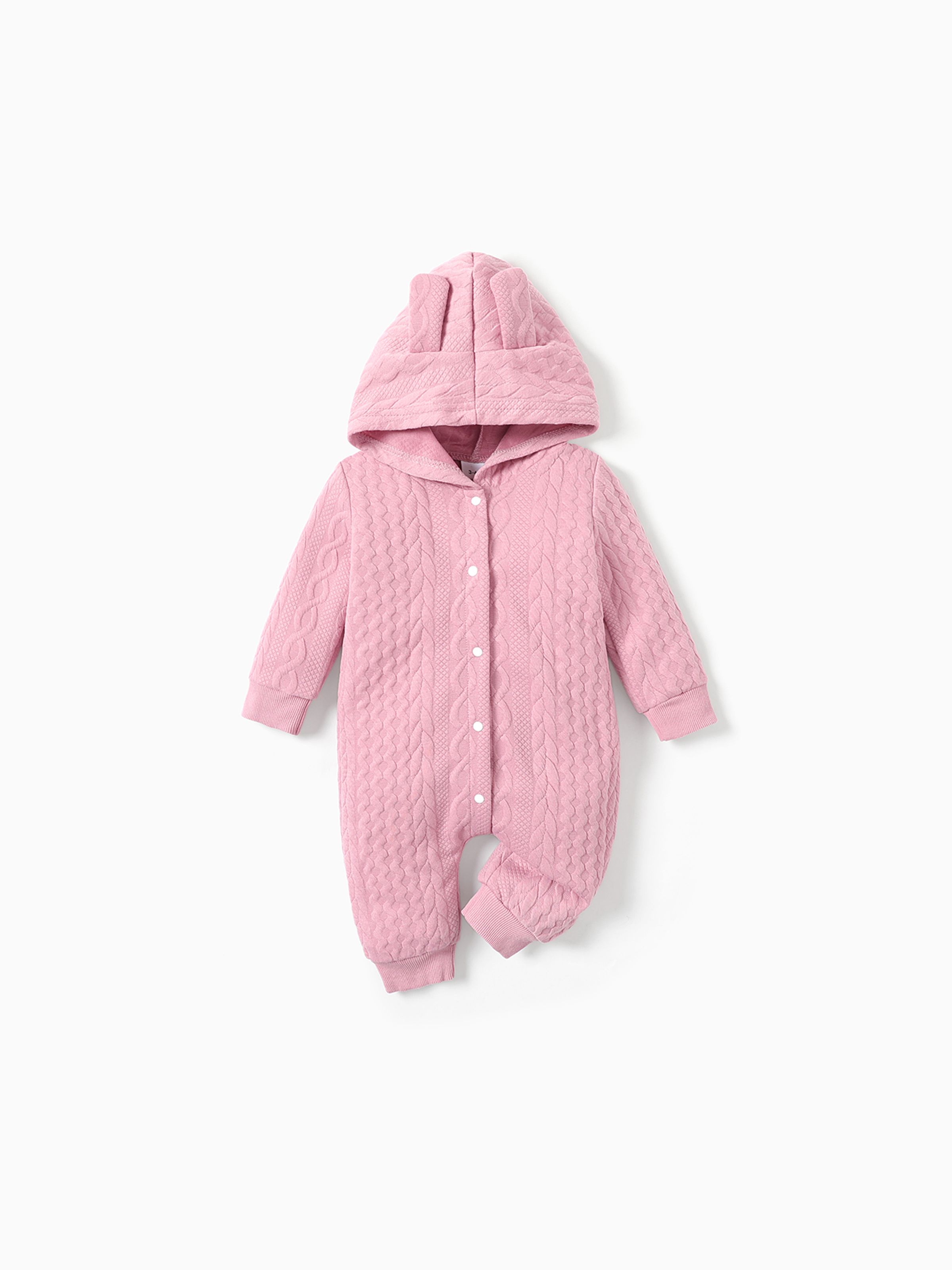 

Solid Knitted Hooded Long-sleeve Pink Baby Jumpsuit