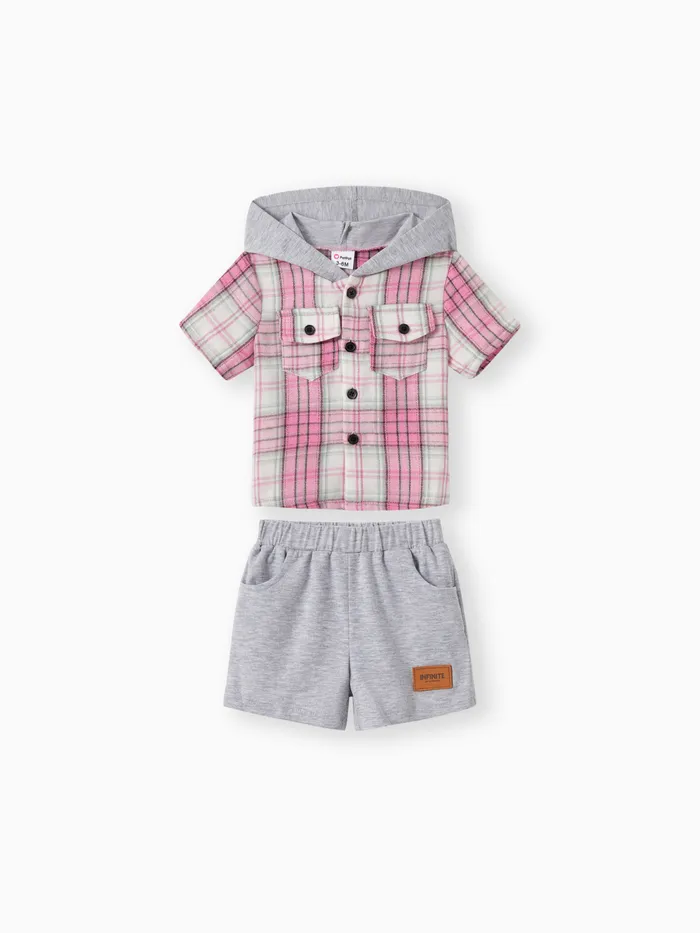 Baby/Toddler Boy 2pcs Plaid Print Hooded Shirt and Shorts Set