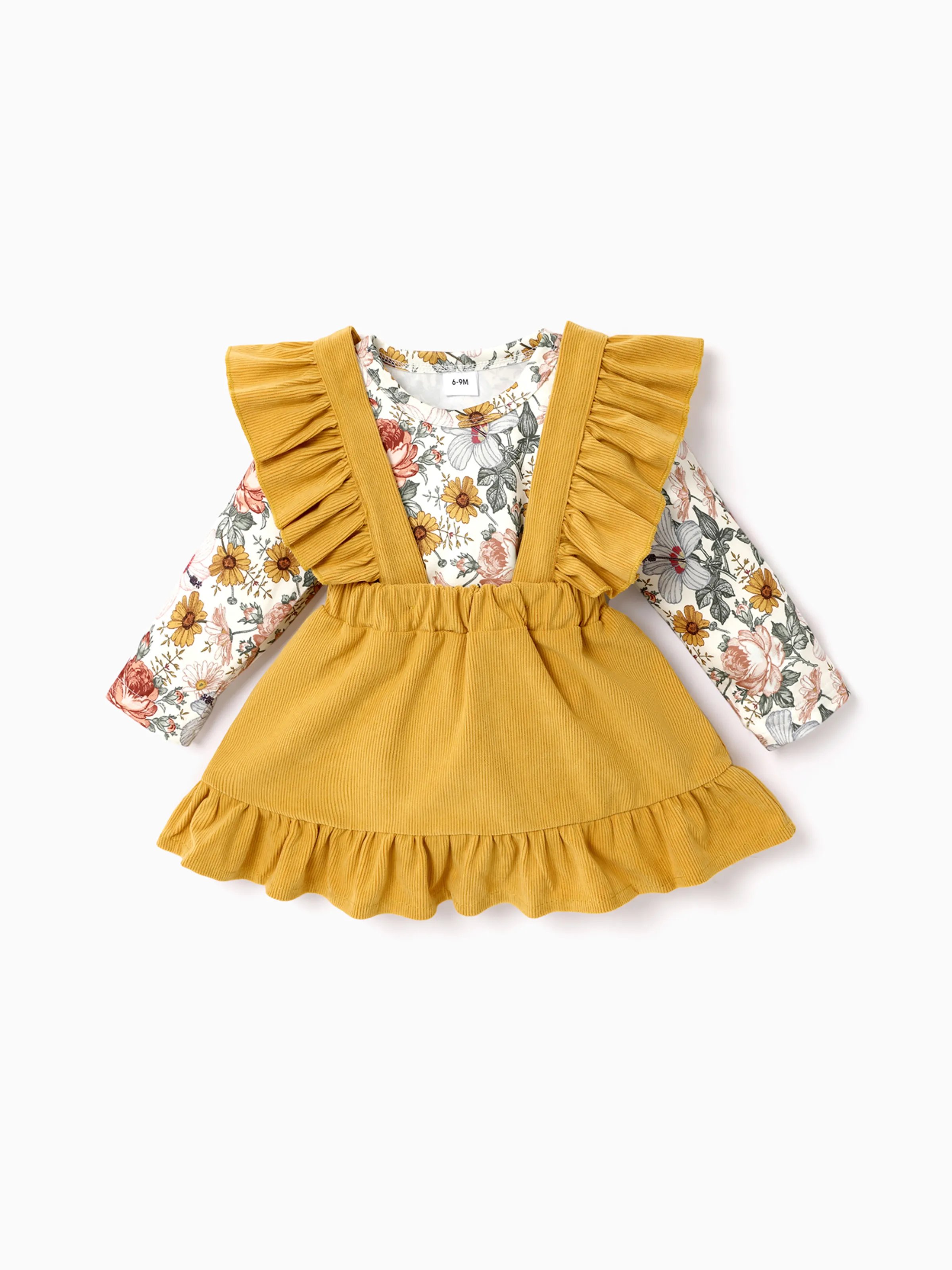 

Baby 2pcs Floral Print Long-sleeve Romper and Yellow Corduroy Ruffle Suspender Skirt Set