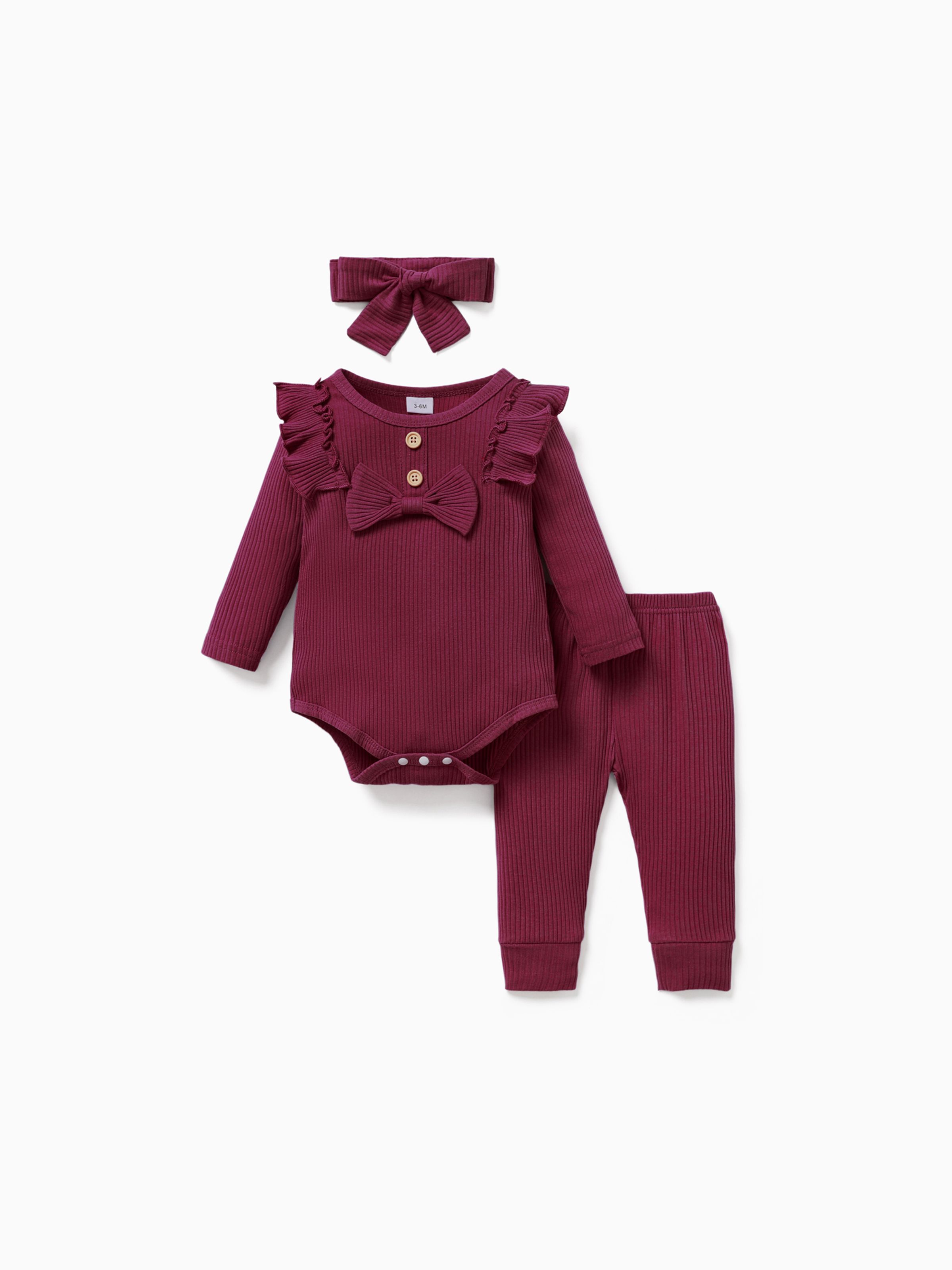 

3pcs Baby Girl 95% Cotton Ribbed Long-sleeve Ruffle Bowknot Romper and Pants with Headband Set