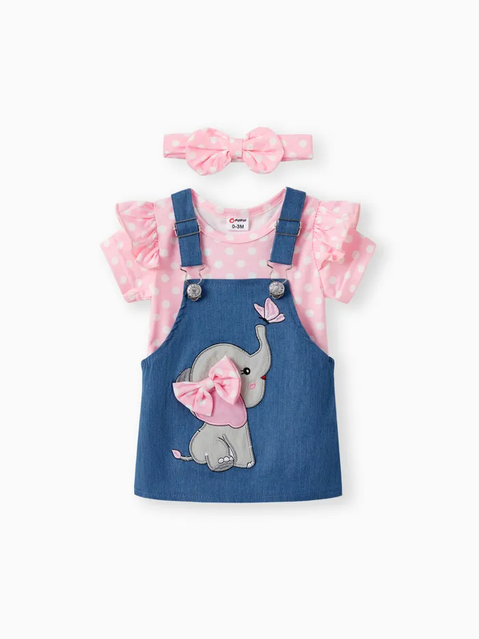 3pcs Baby Girl Polka Dot Pattern Romper and Denim Overall Dress with Headband