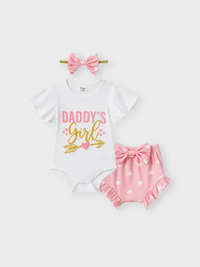 3pcs Baby Girl 95% Cotton Letter Print Ribbed Bodysuit and Shorts and Bow Headband Set