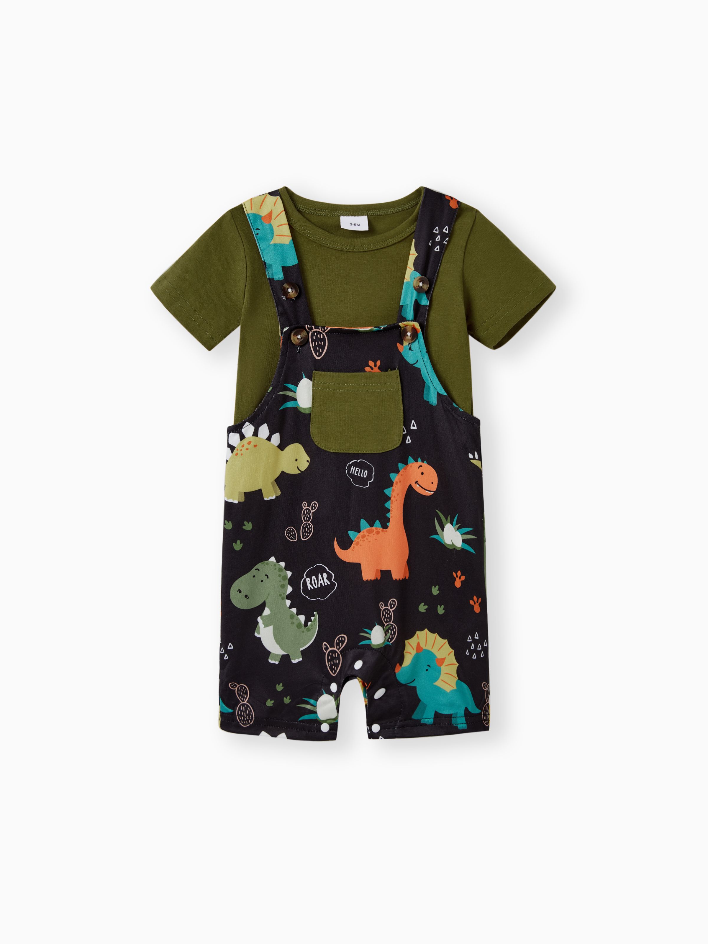 

2pcs Baby Boy Short-sleeve Solid Tee and Allover Dinosaur Print Overall Romper Set