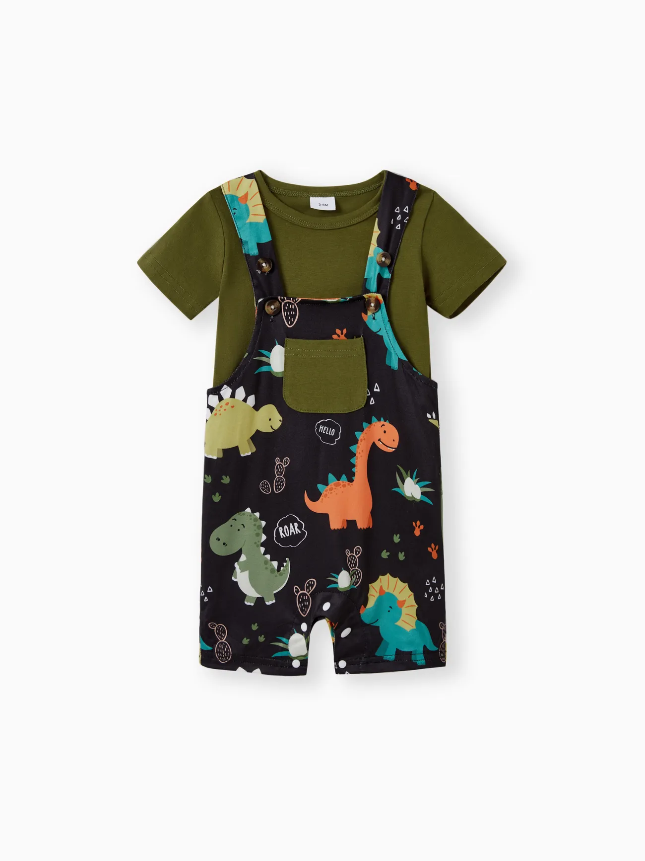 Baby Boy 2-Piece Solid Top and Dinosaur Print Overall Romper Set