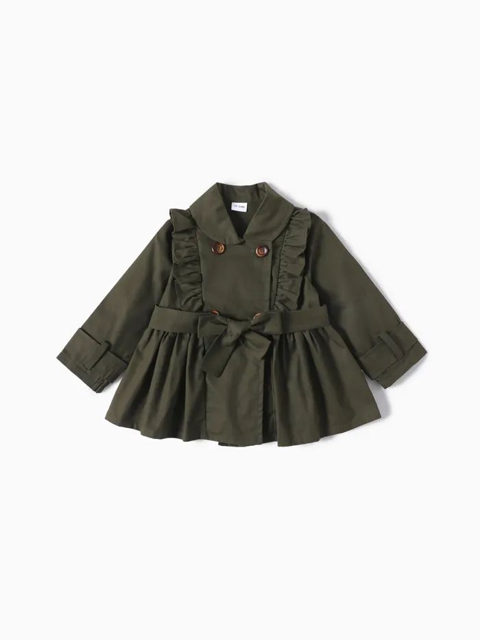 Toddler Girl Doll Collar Ruffled Double Breasted Belted Trench Coat