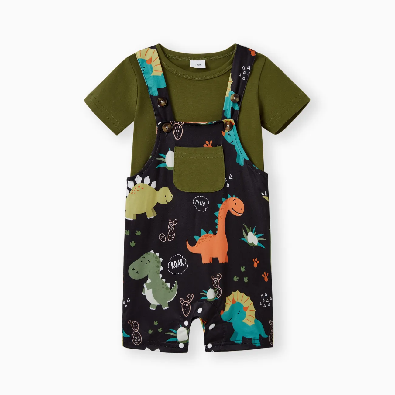 2pcs Baby Boy Short-sleeve Solid Tee and Allover Dinosaur Print Overall Romper Set