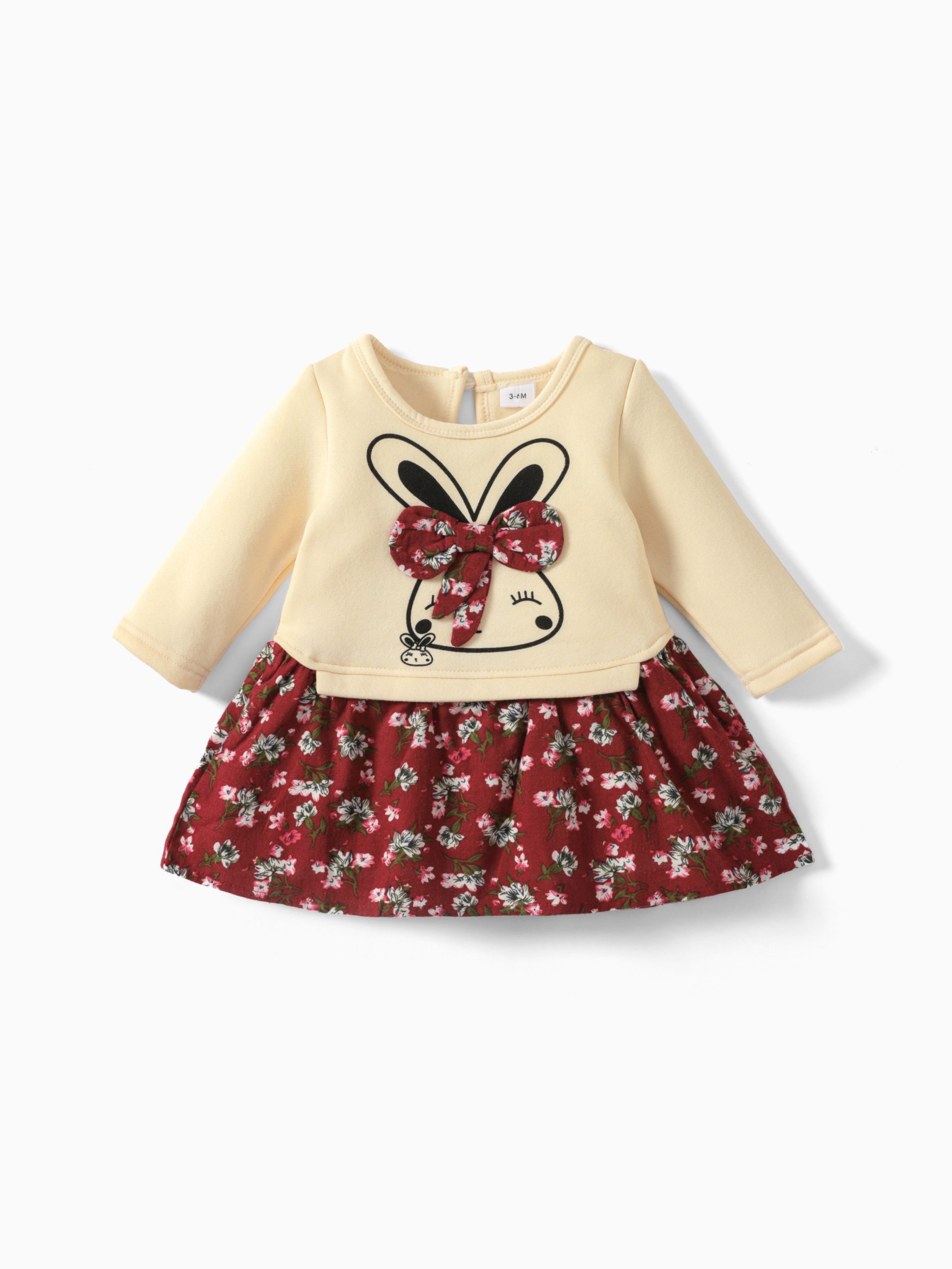 

Baby Girl 95% Cotton Long-sleeve Cartoon Rabbit and Floral Print Bowknot Faux-two Dress