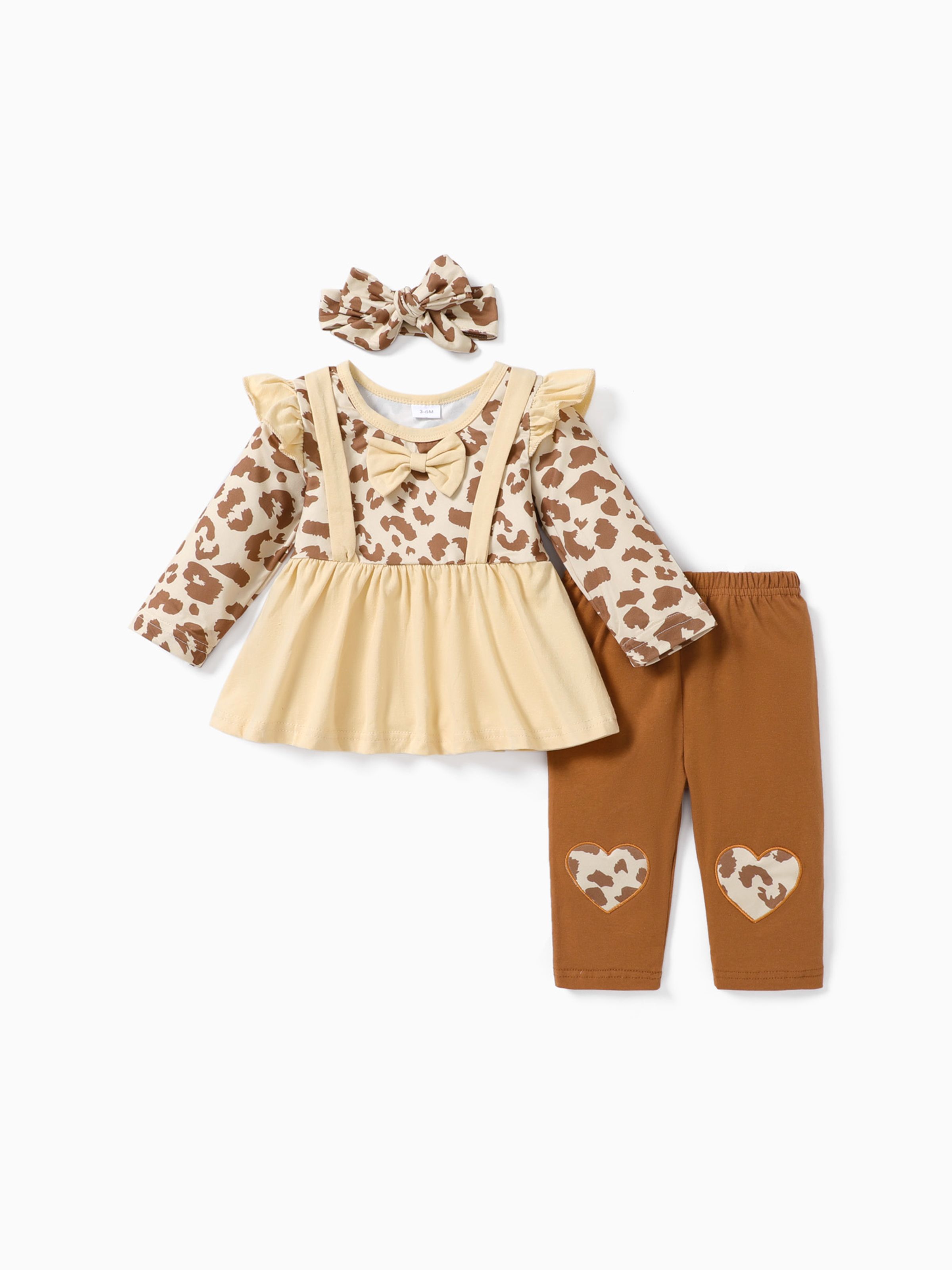 

3pcs Baby Leopard Splicing Long-sleeve Cotton Faux-two Top and Trousers Set