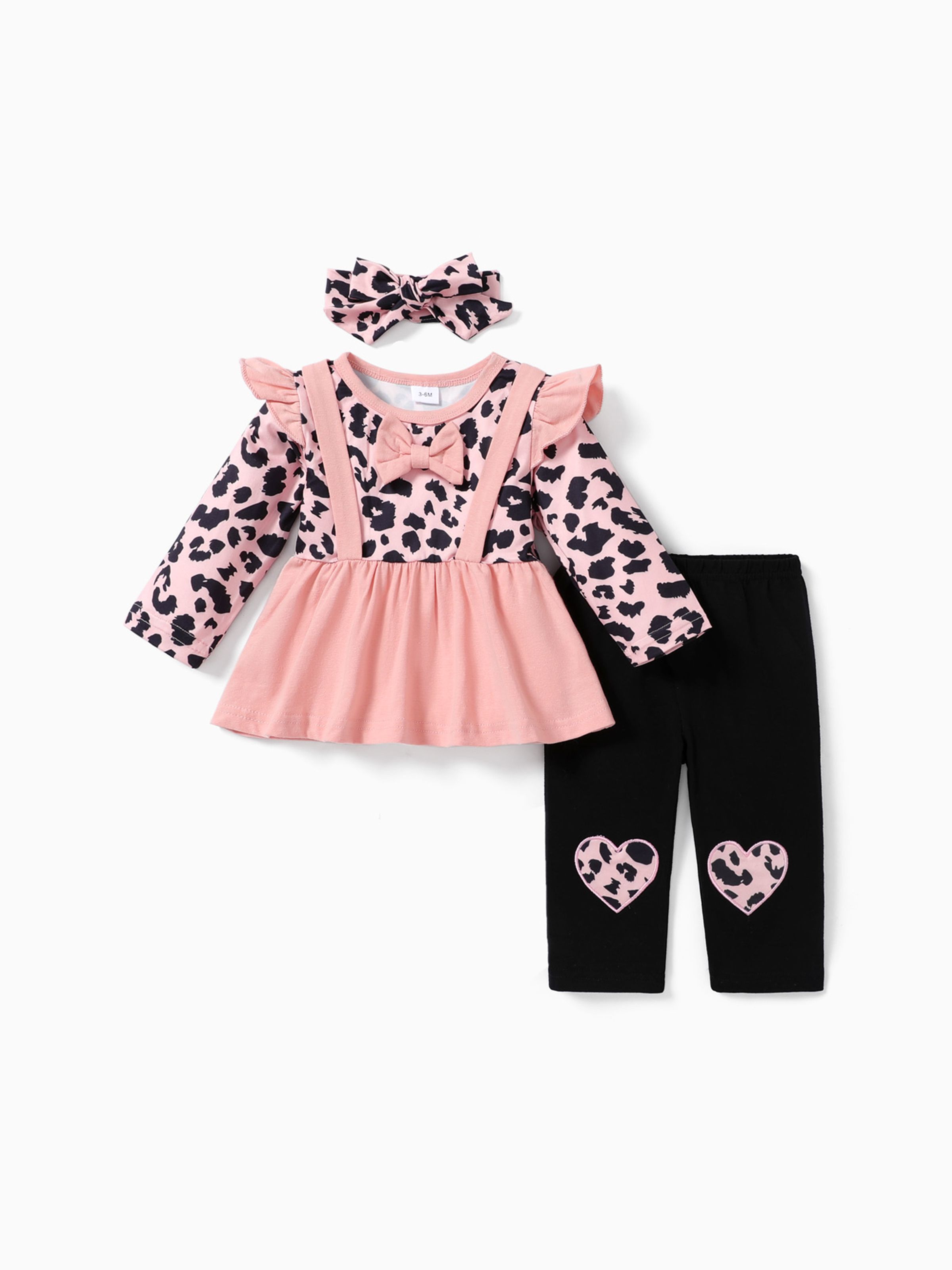 

3pcs Baby Leopard Splicing Long-sleeve Cotton Faux-two Top and Trousers Set