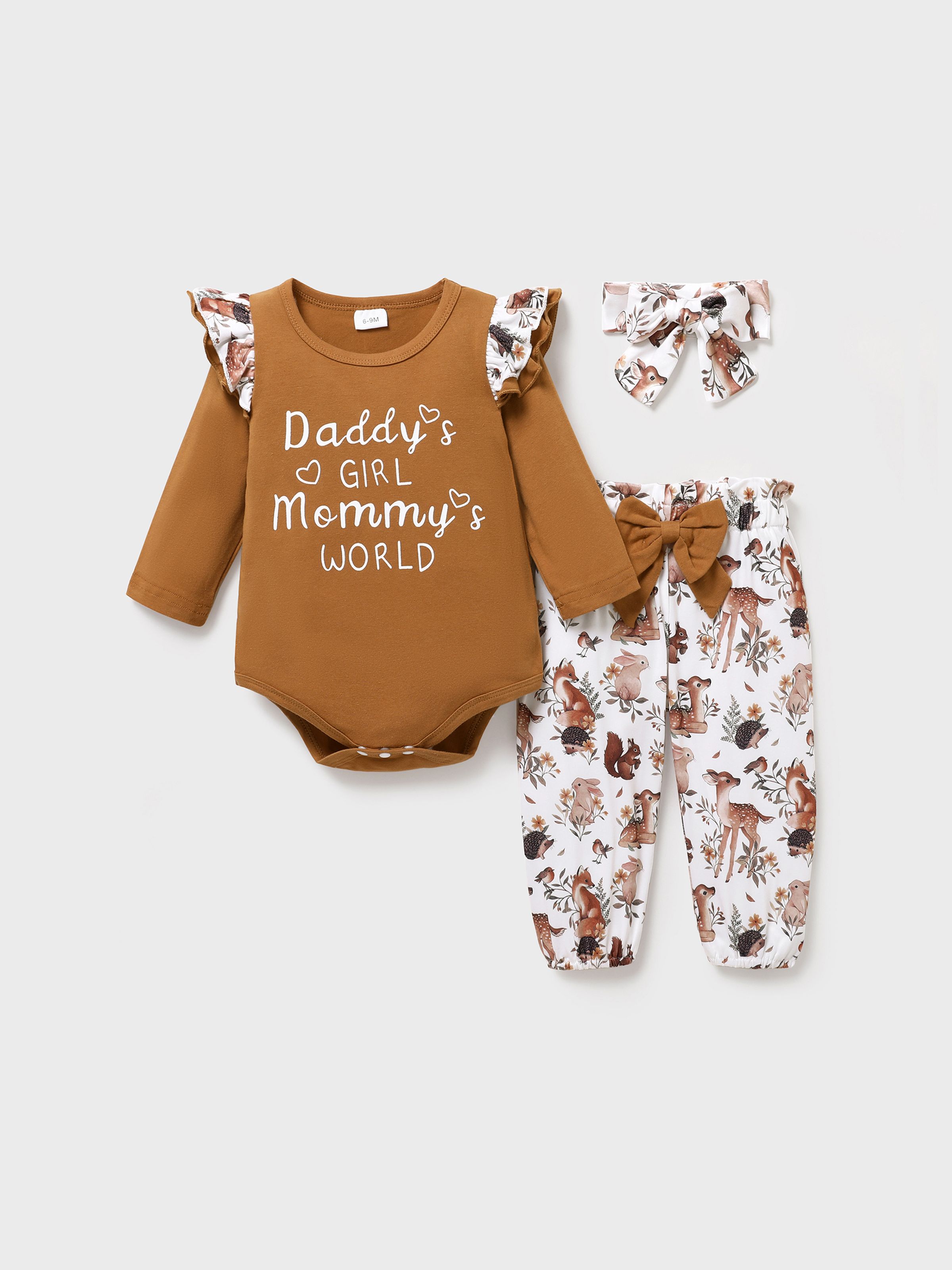 

3pcs Baby Girl 95% Cotton Long-sleeve Letter Print Romper and Floral Trousers with Headband Set
