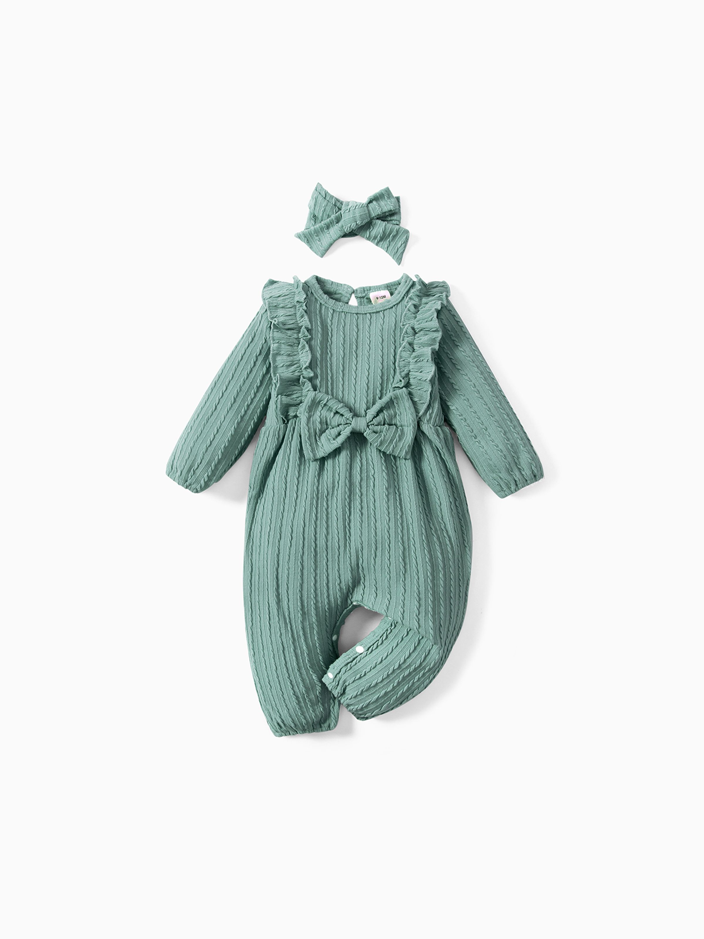 

2pcs Baby Girl 95% Cotton Long-sleeve Ruffle Bowknot Jumpsuit with Headband Set