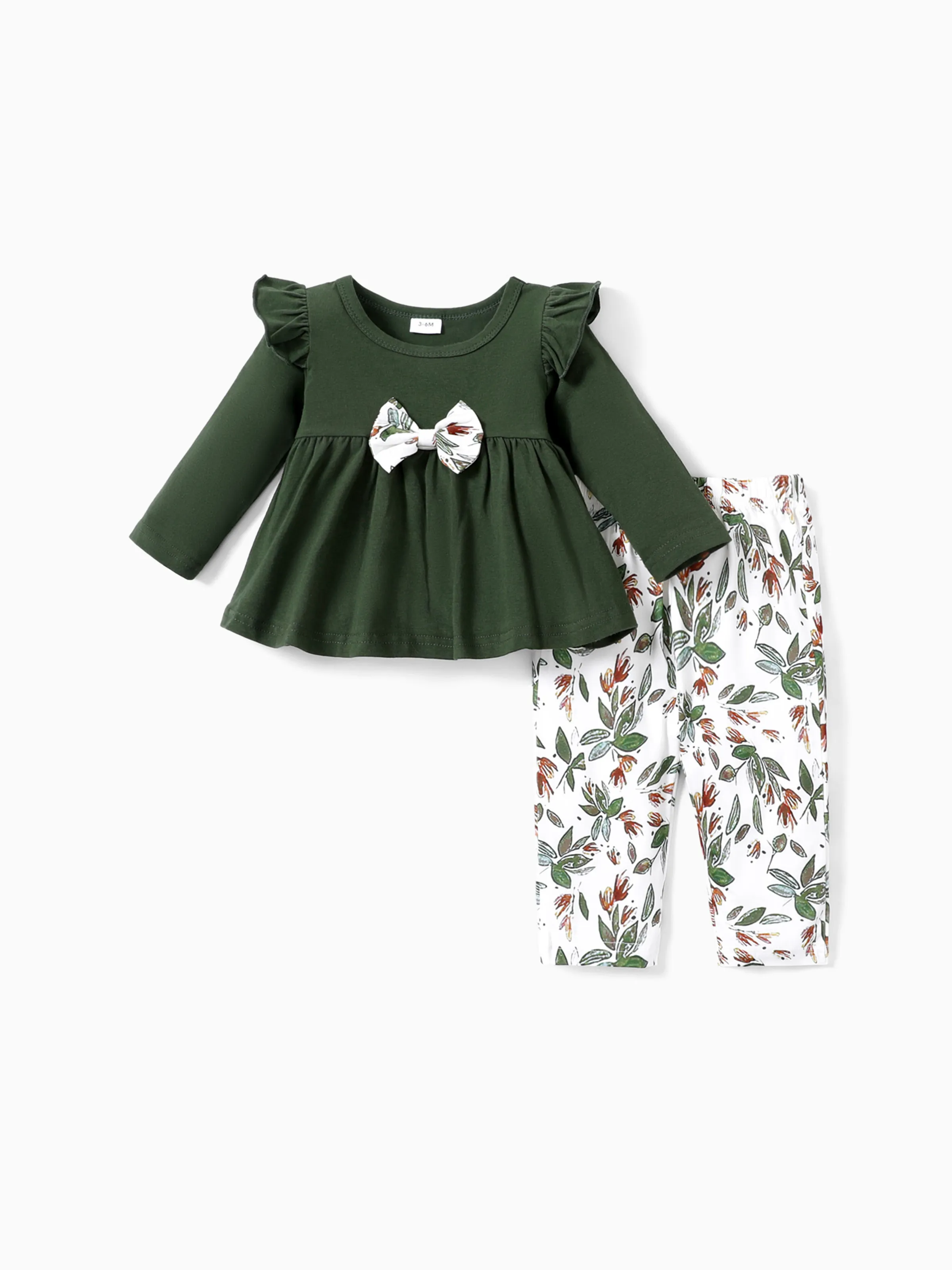 

2pcs Baby 95% Cotton Ruffle Long-sleeve Bowknot Top and All Over Leaves Print Trousers Set