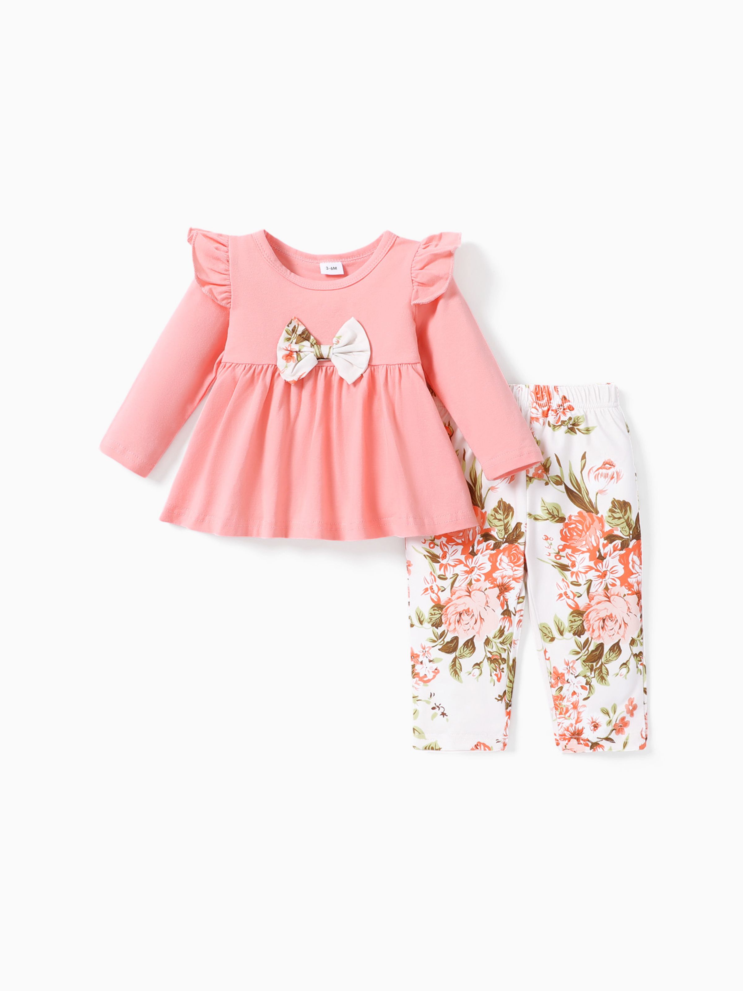 

2pcs Baby 95% Cotton Ruffle Long-sleeve Bowknot Top and All Over Leaves Print Trousers Set