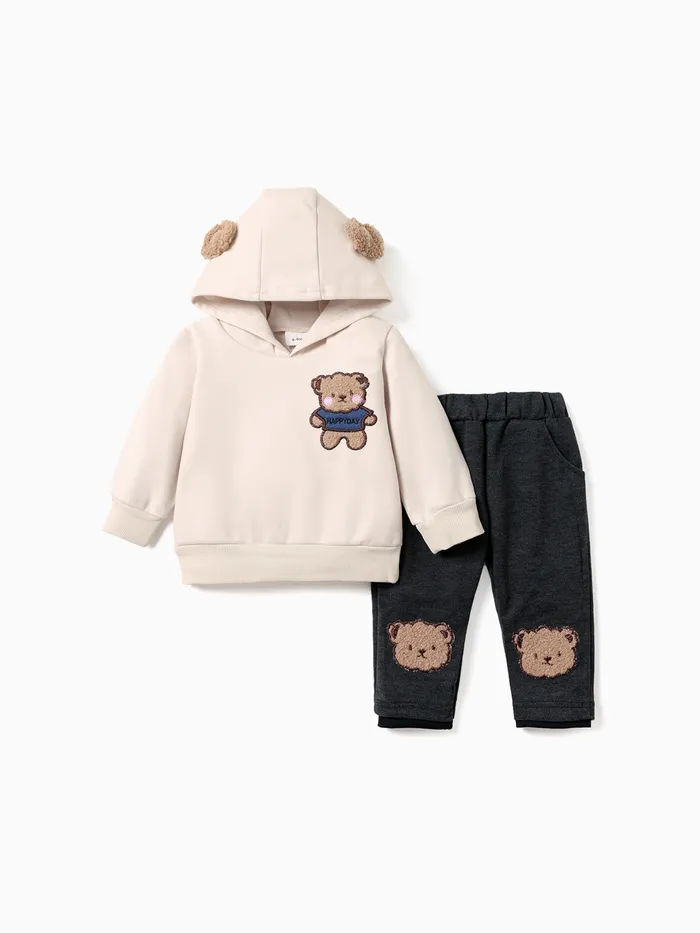 2 pièces bébé dessin animé ours à capuche et pantalon à manches longues ensemble