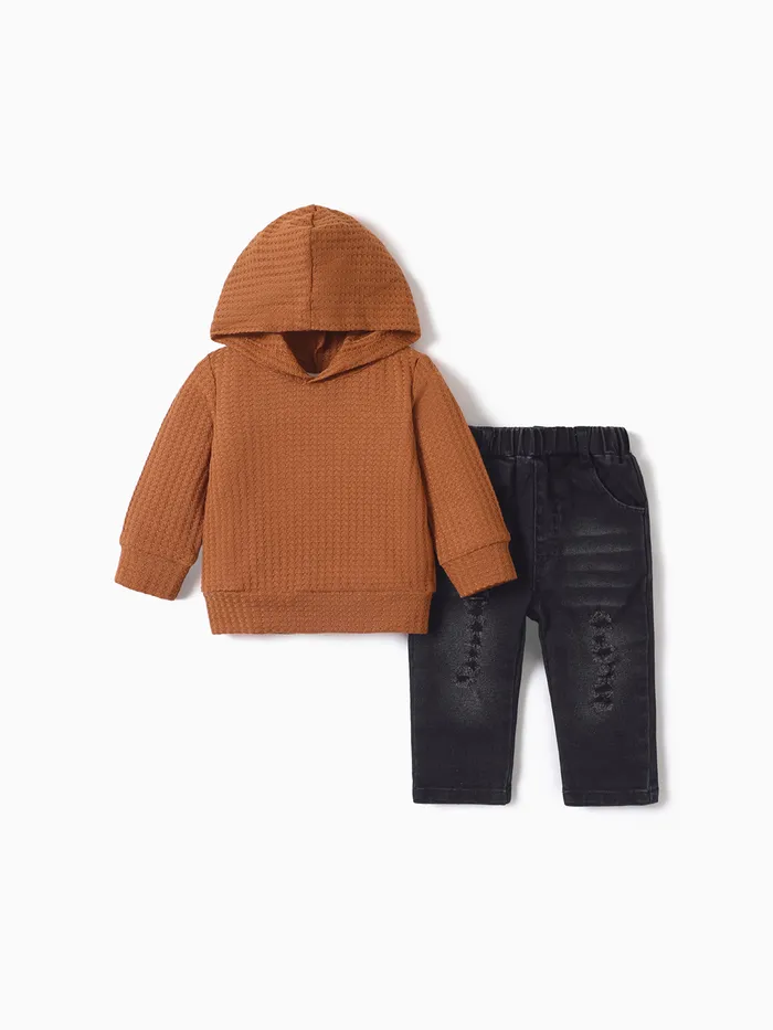2-piece Baby Boy/Girl Waffle Hoodie Sweatshirt and 100% Cotton Ripped Denim Jeans Set