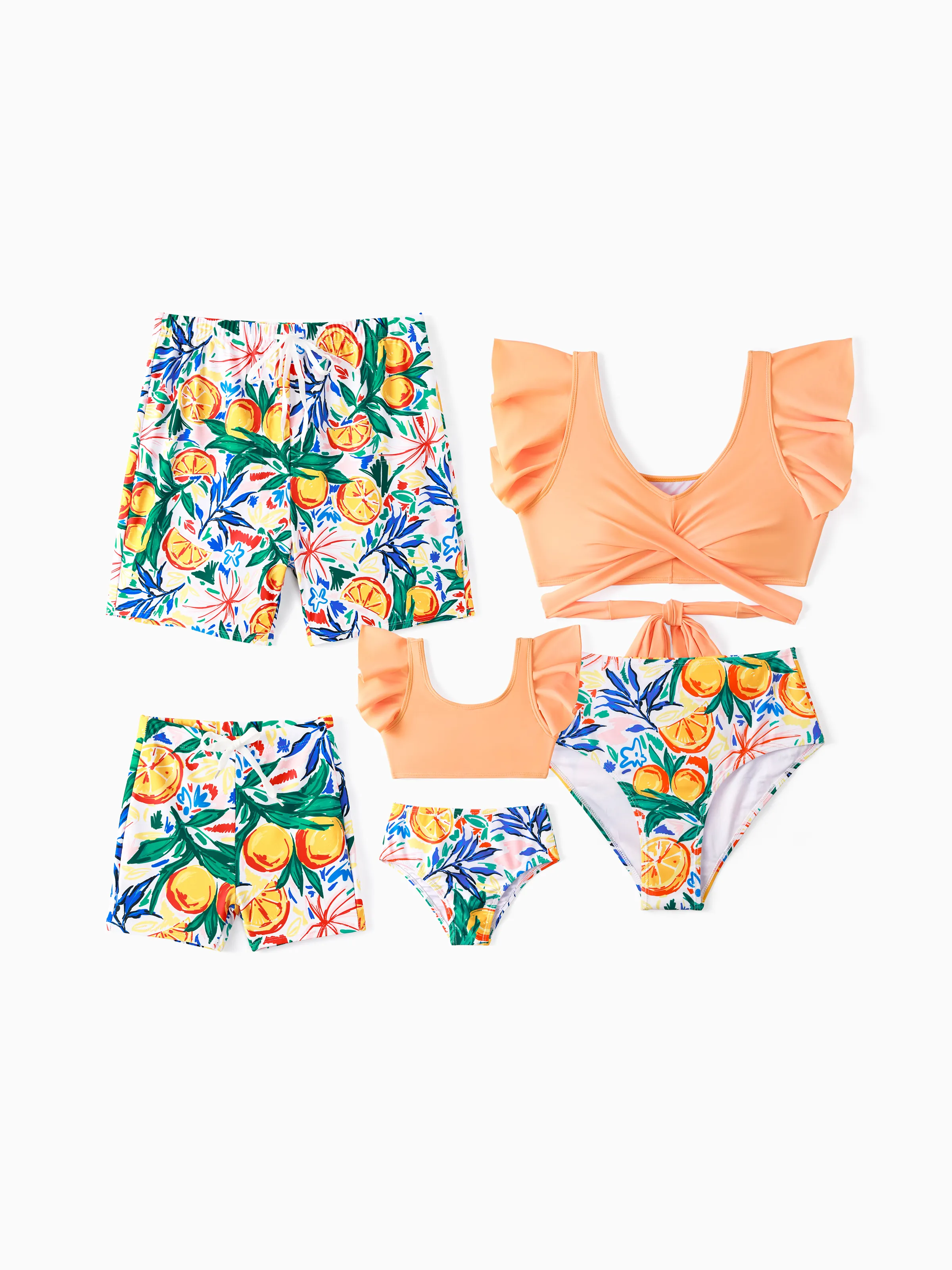 Family Matching Orange Printed Drawstring Swim Trunks or Ruffle Sleeves Cross Bikini