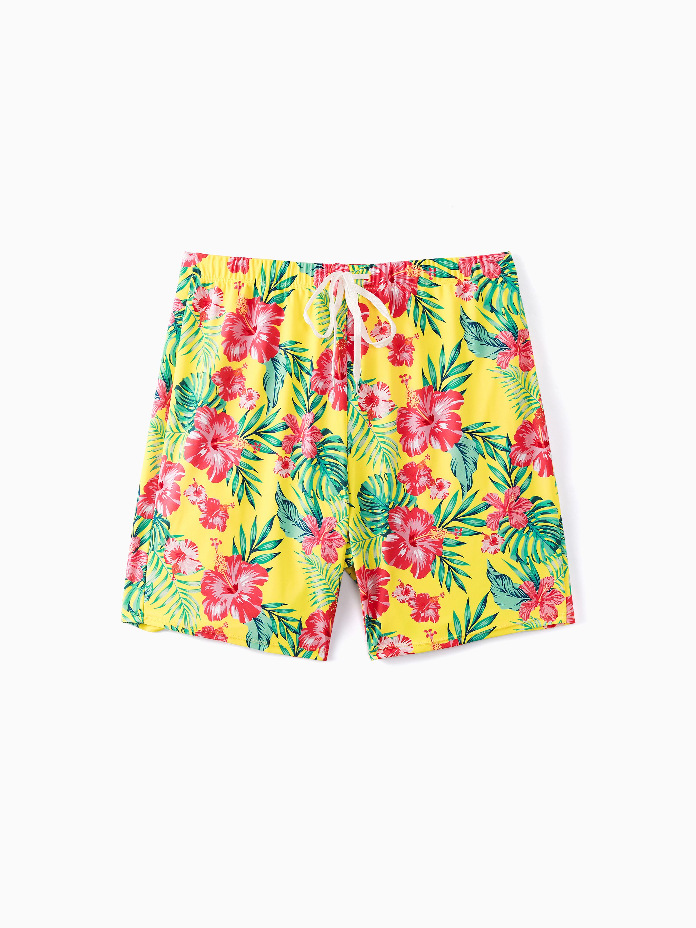 

Family Matching Yellow Tropical Drawstring Swim Trunks or Flowy Two-Piece Swimsuit