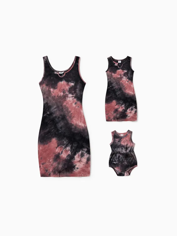 Mommy and Me Black and Red Tie-Dyed Sleeveless Body-con Dress