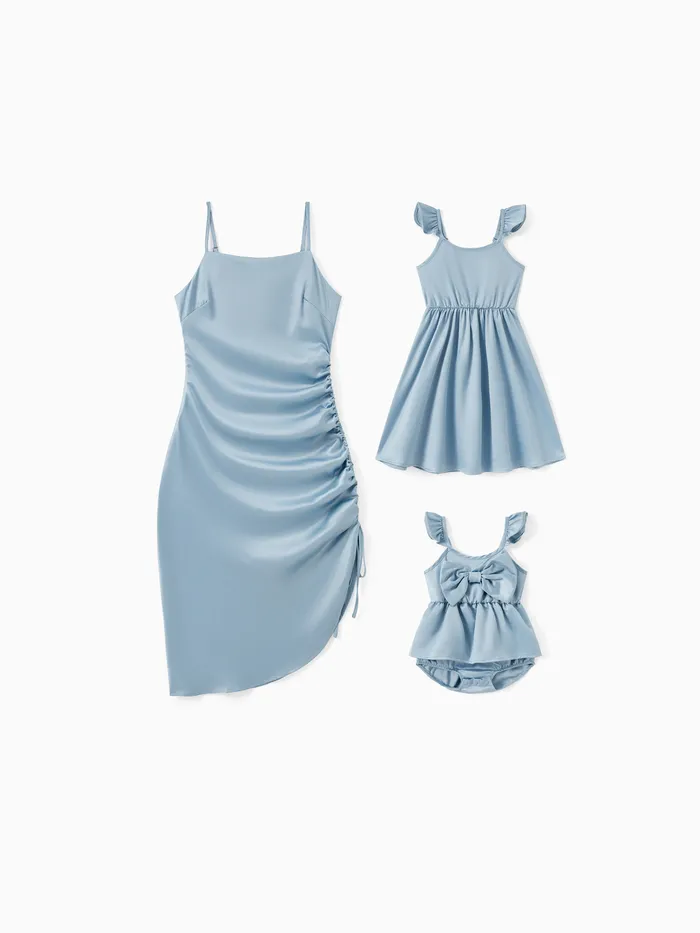 Mommy Me Dresses -  Blue Satin Dress Silk Slip (Drawstring Side, Ruched )