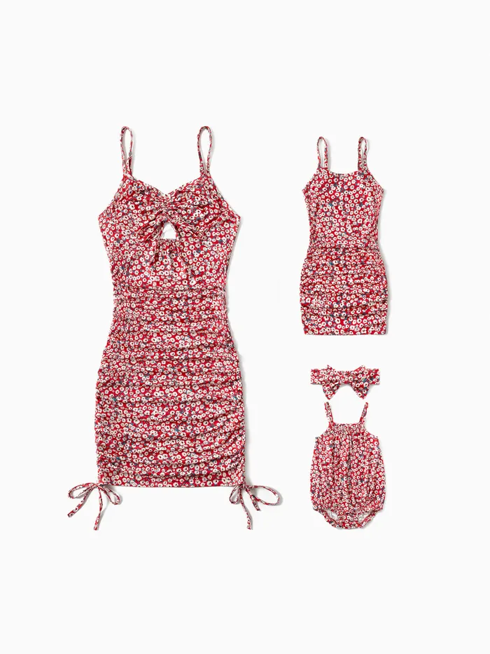 All Over Red Floral Print Spaghetti Strap Drawstring Ruched Bodycon Dress for Mom and Me