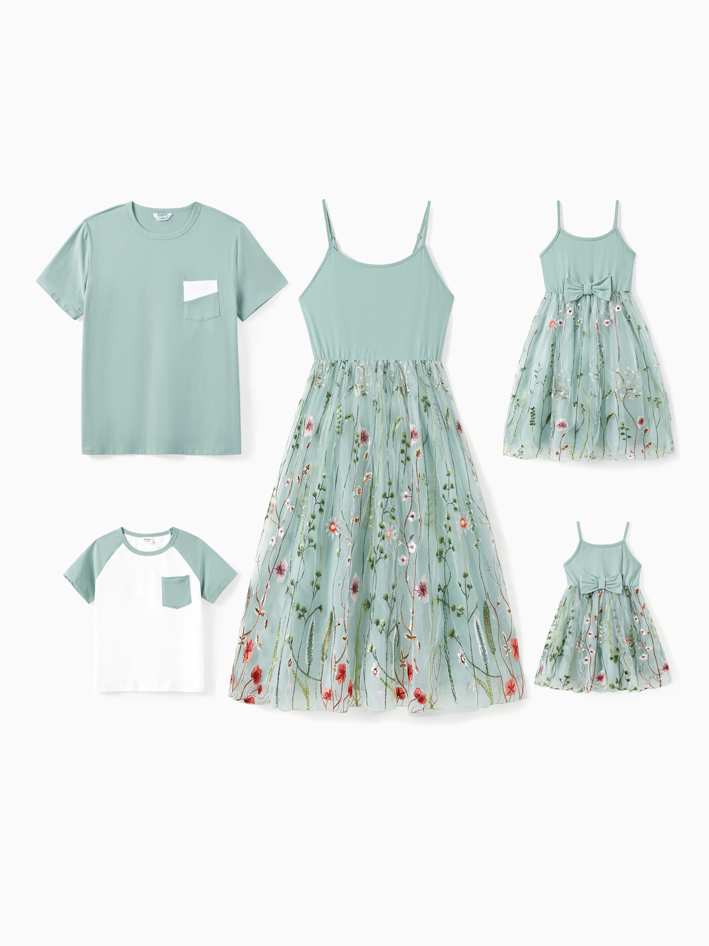 Family Matching Solid Color/ Raglan Sleeves Tee and Cami Embroidered Tulle Strap Dress Sets