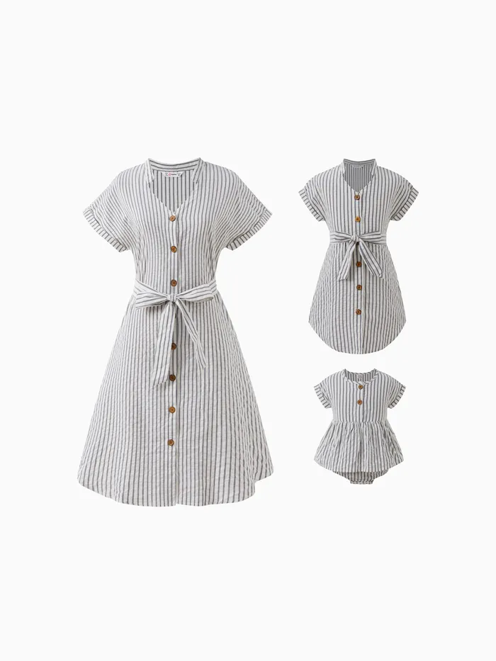  Mommy and Me Matching Vertical Stripe Button Up Short Sleeves Cotton Belted Dresses