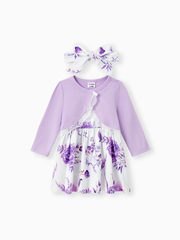 Baby girl 3pcs cardigan and floral pattern cami dress and headband set