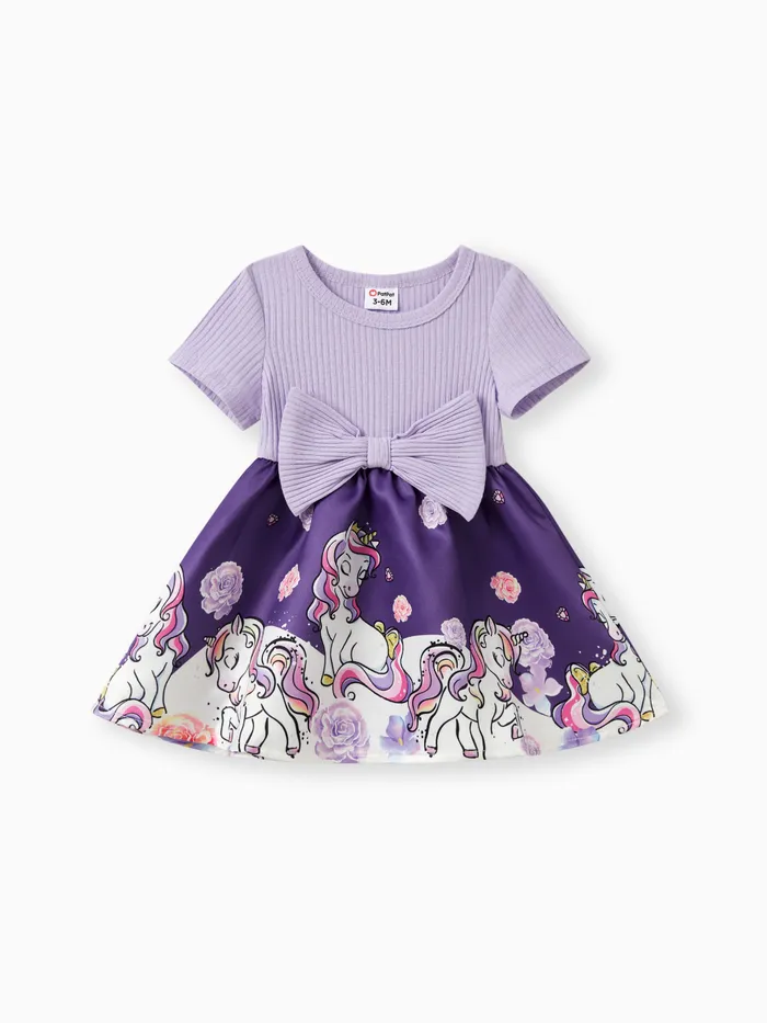 Vestido Bowknot con patrón de unicornio de bloques de color para bebé niña