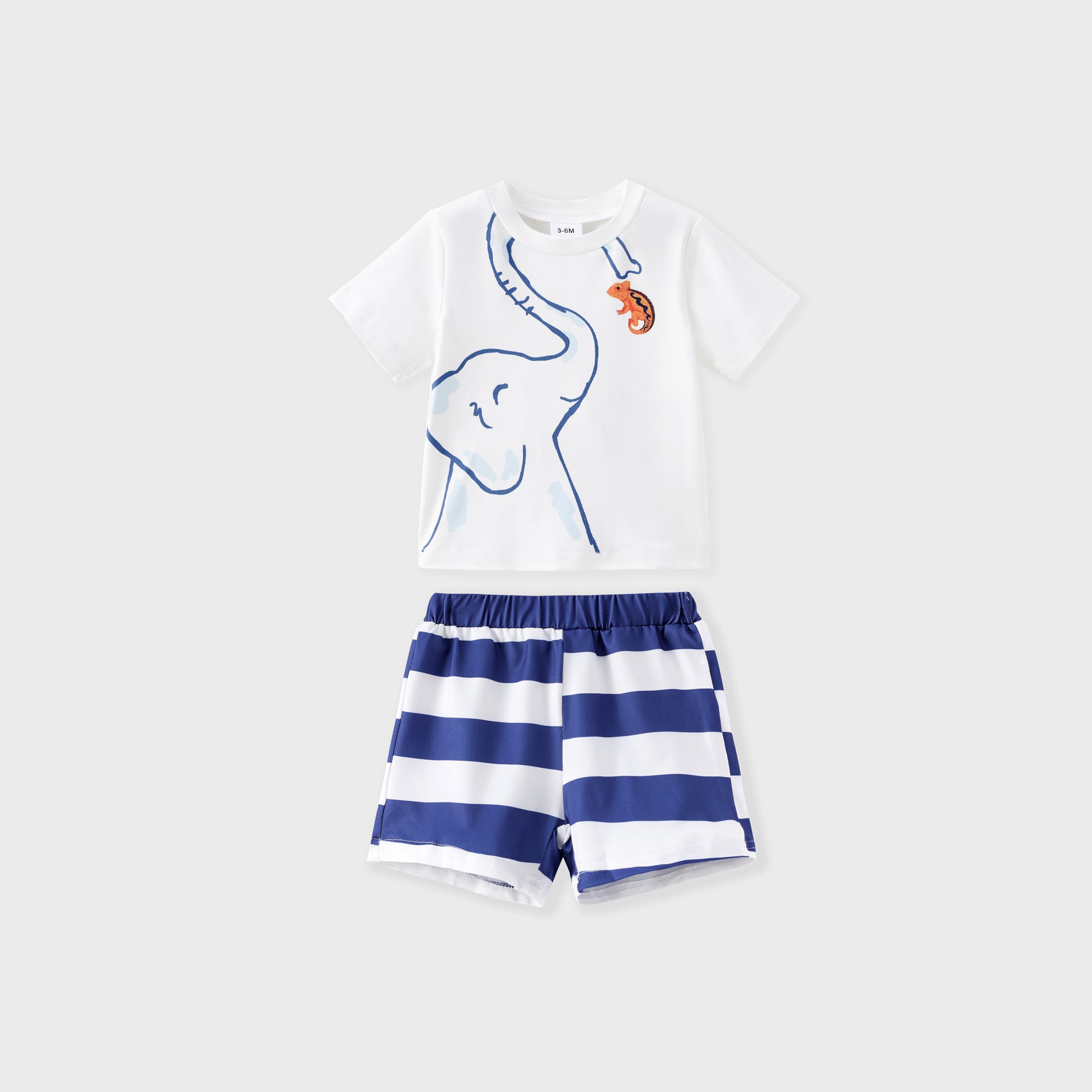 

Elephant Pattern 2-Piece Toddler Boy's Casual Short-Sleeved Shirt and Striped Shorts Set