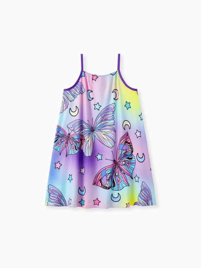 Colorful Cartoon Printed Milk Silk Dress with Hanging Strap for Girls