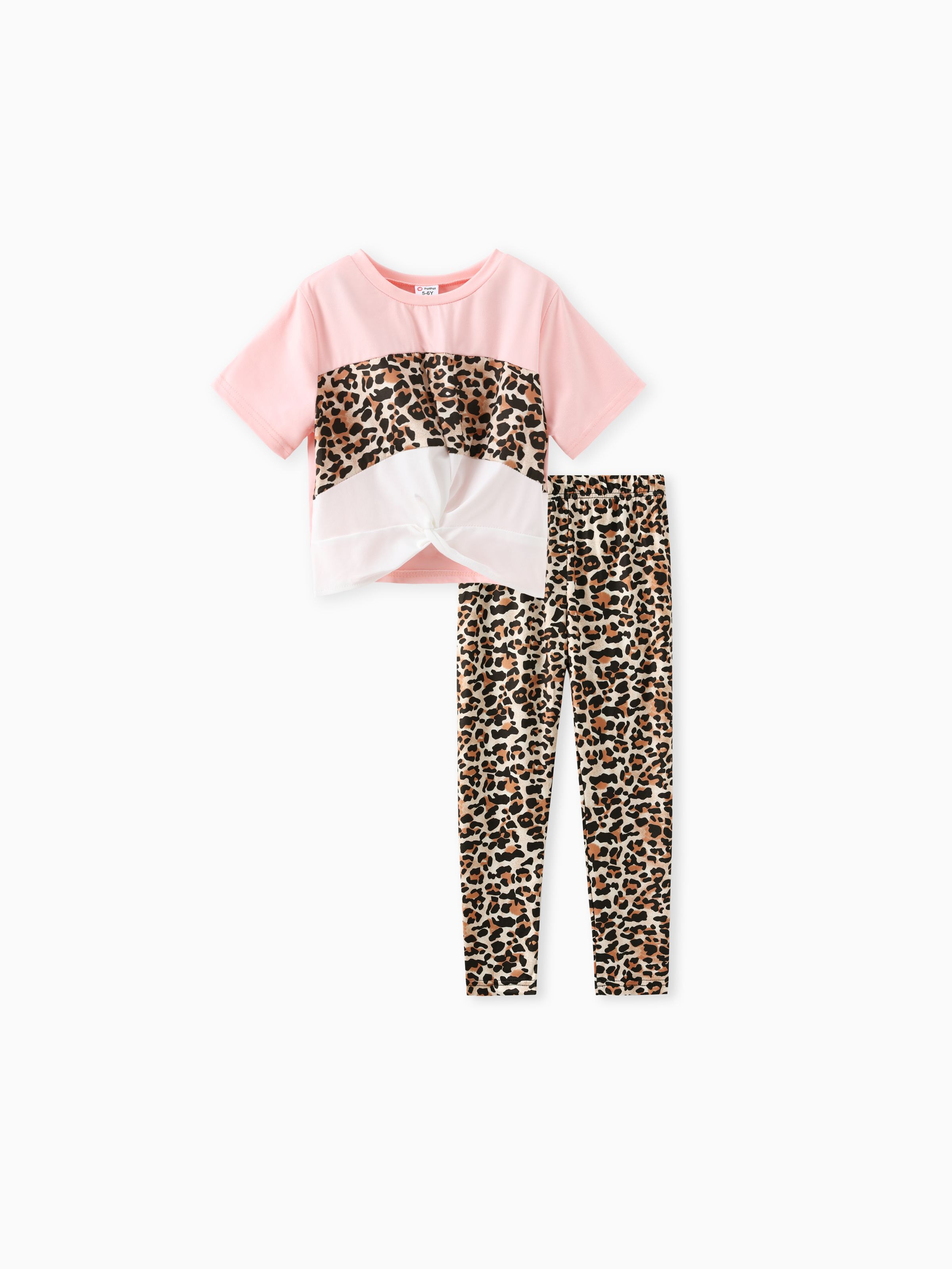 

2pcs Kid Girl Leopard Print Twist Short-sleeve Tee and Pants Set