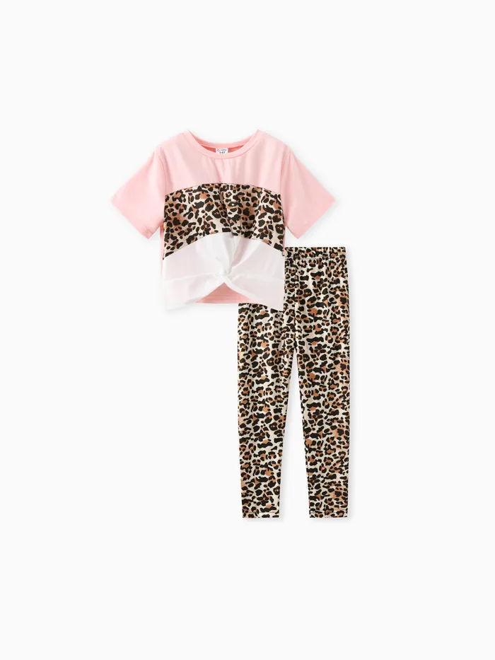 2pcs Kid Girl Leopard Print Twist Short-sleeve Tee and Pants Set