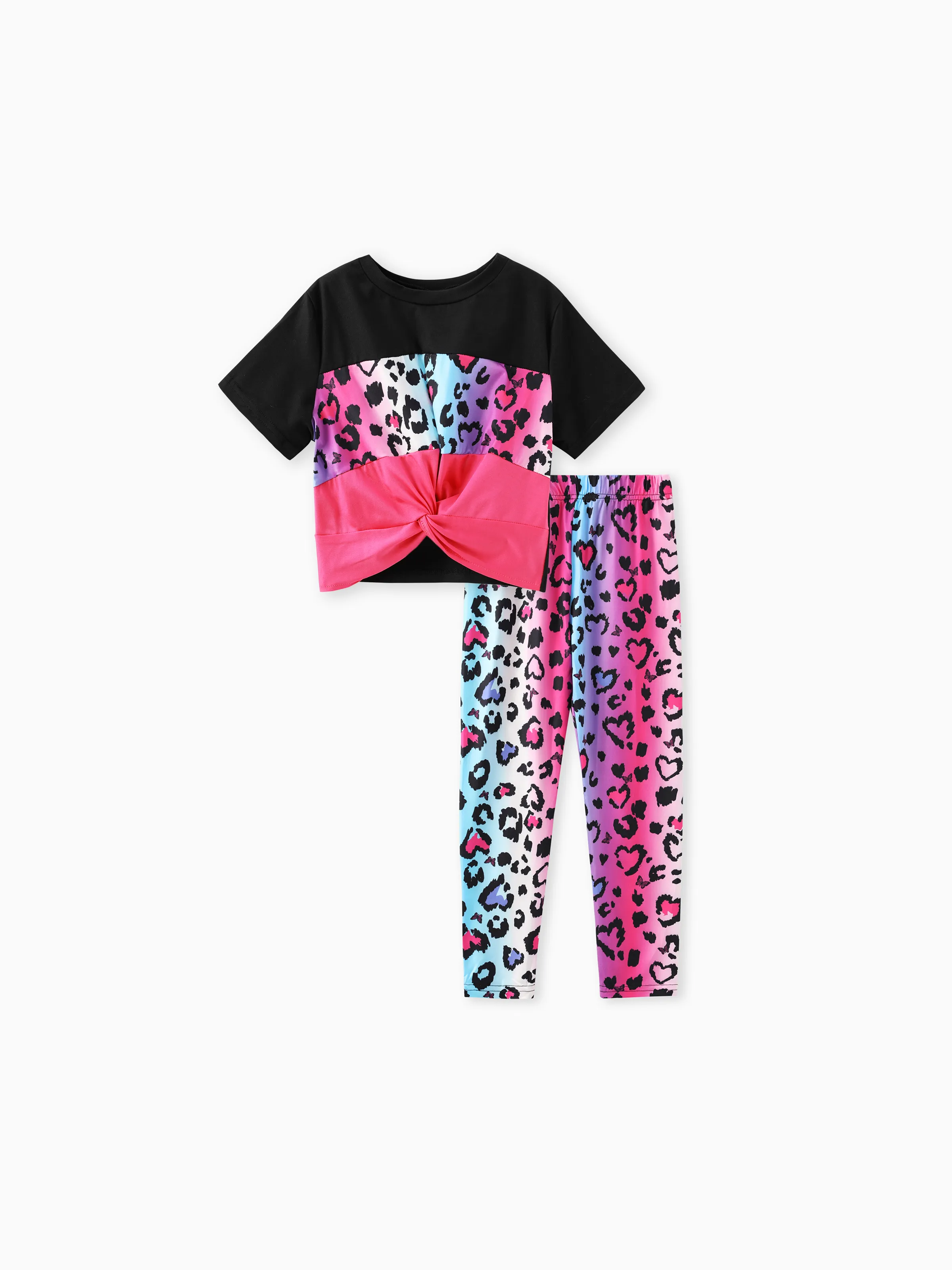 

2pcs Kid Girl Leopard Print Twist Short-sleeve Tee and Pants Set