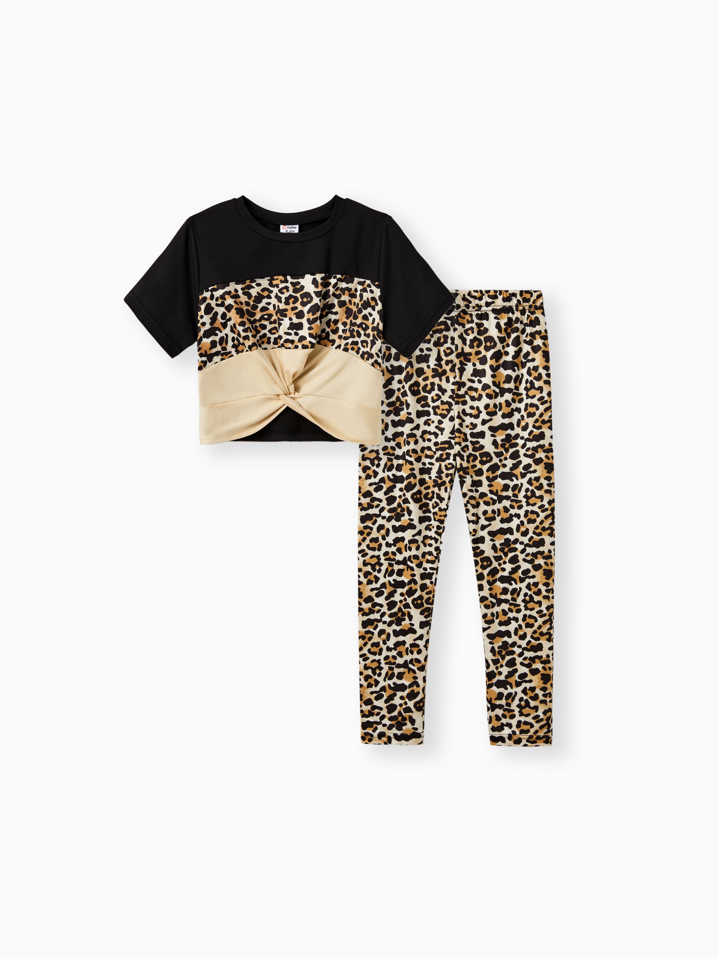 2pcs Kid Girl Leopard Print Twist Short-sleeve Tee and Pants Set