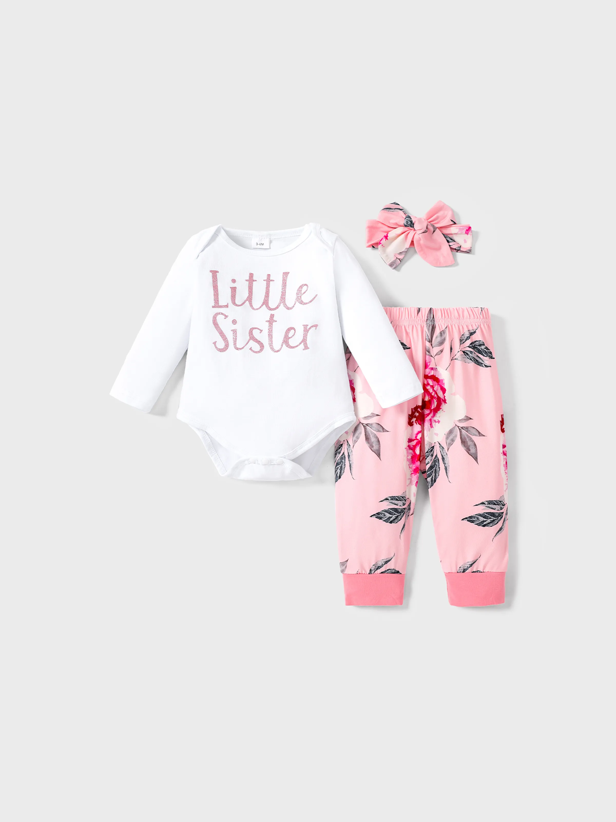 

3pcs Baby Girl 95% Cotton Long-sleeve Letter Print Romper and Floral Print Pants with Headband Set