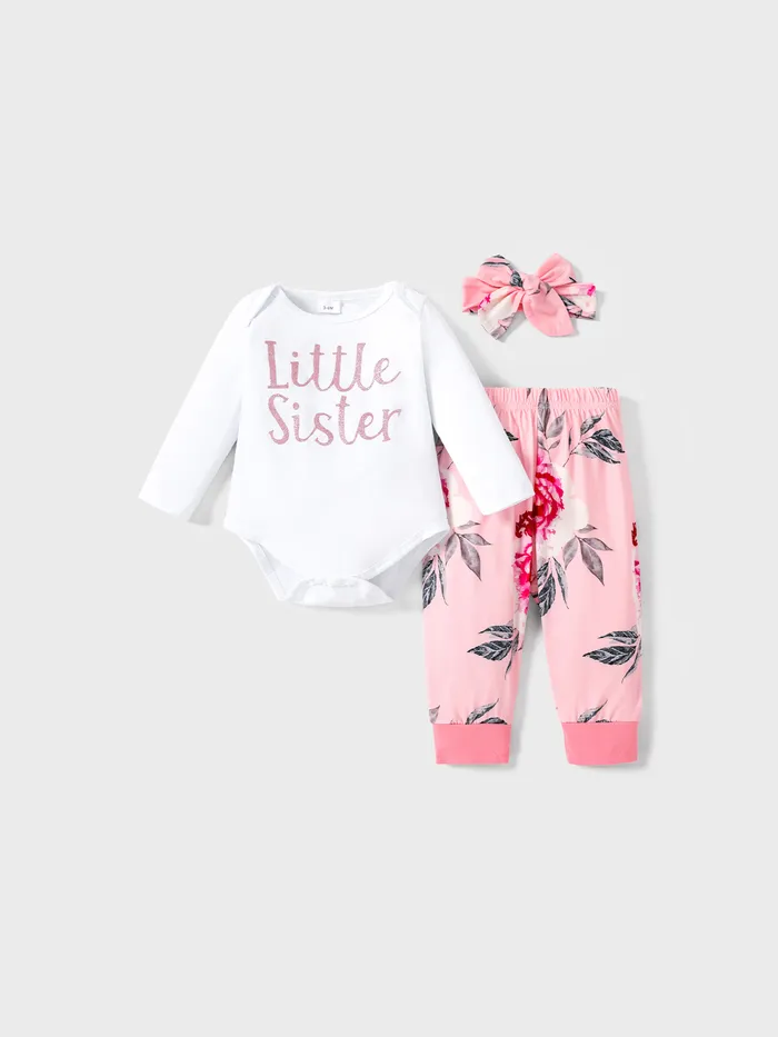 3pcs Baby Girl 95% Cotton Long-sleeve Letter Print Romper and Floral Print Pants with Headband Set