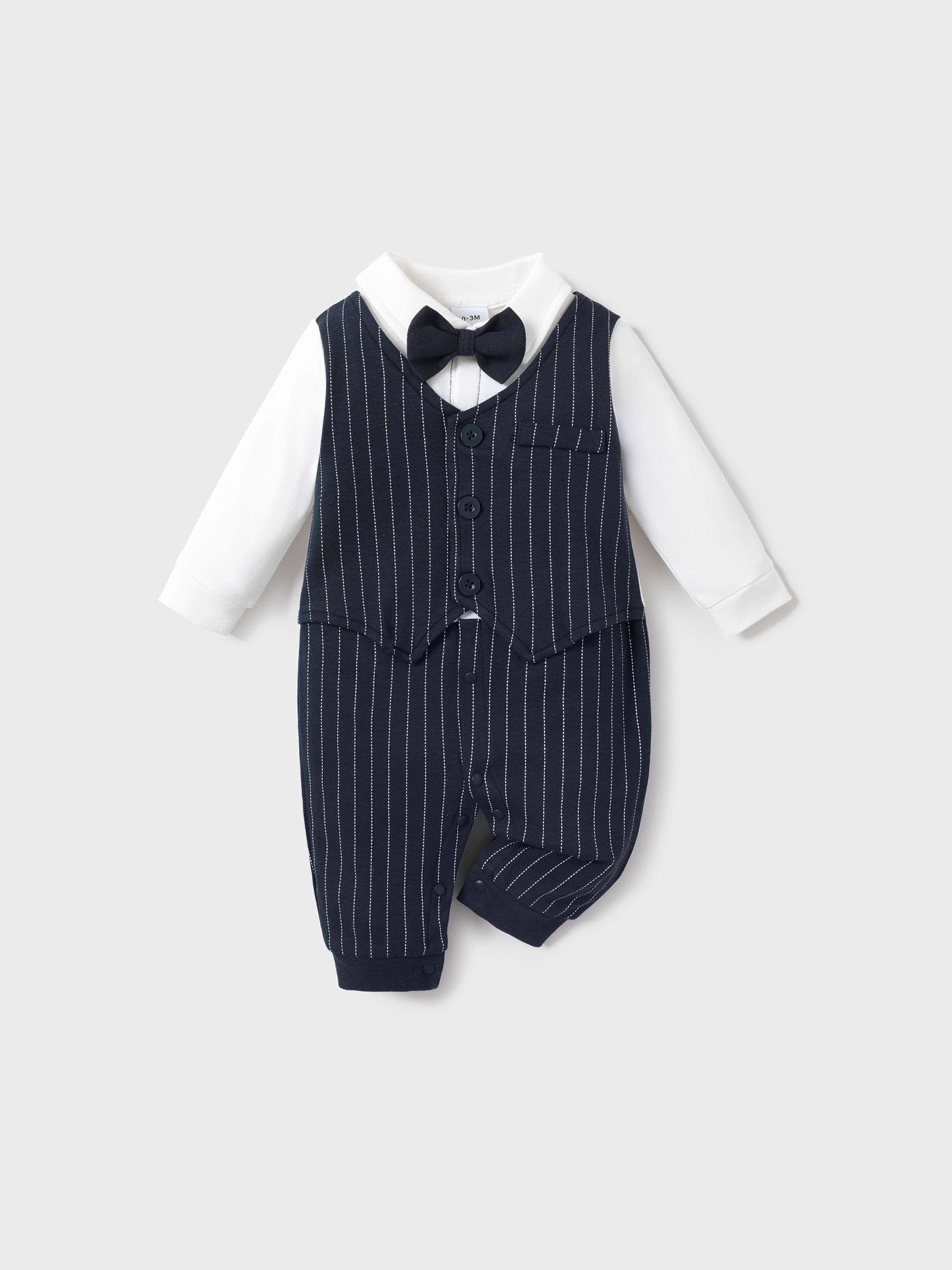 

100% Cotton Stripe Print Bow Tie Decor Long-sleeve Baby Jumpsuit