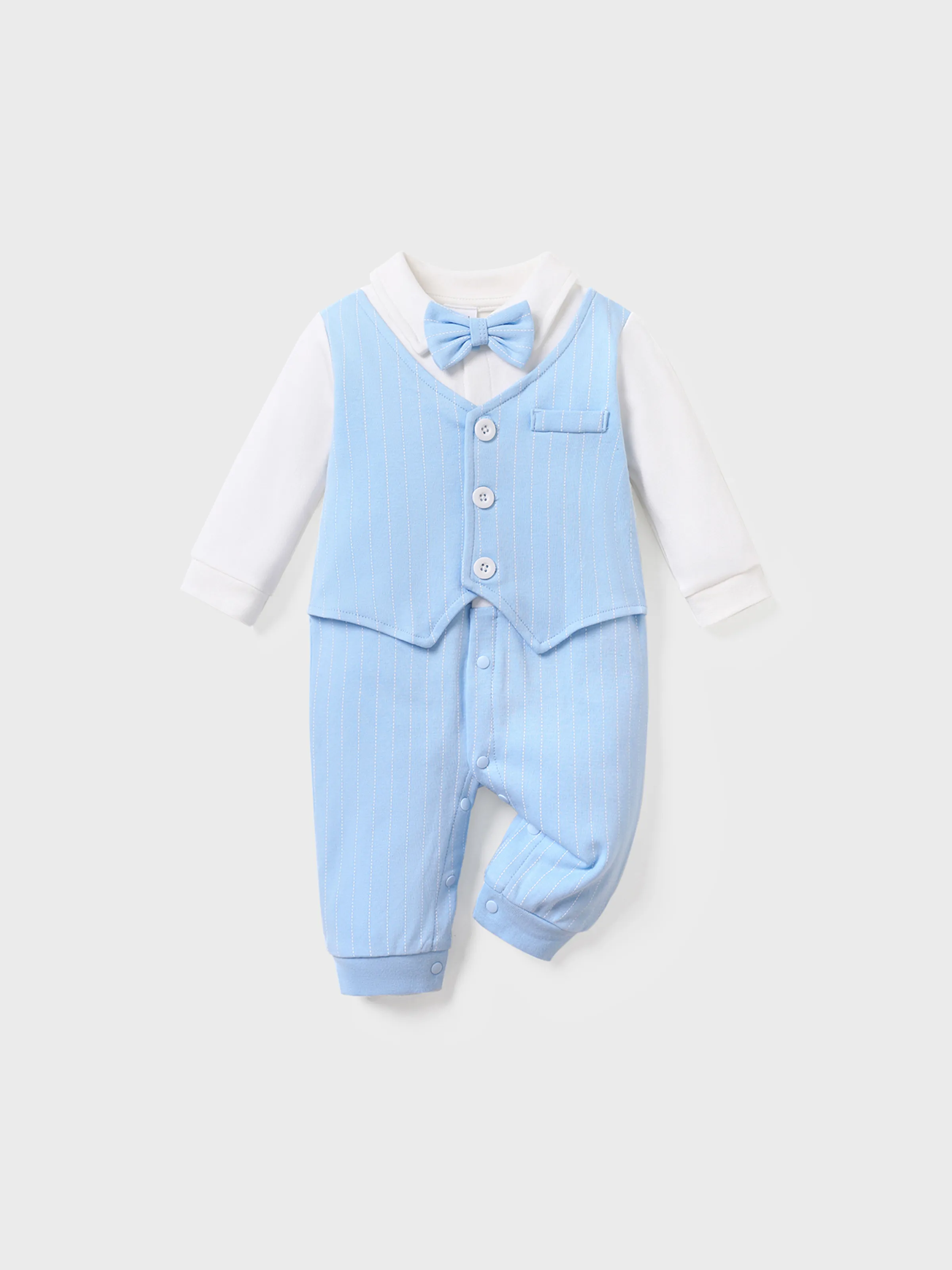 

100% Cotton Stripe Print Bow Tie Decor Long-sleeve Baby Jumpsuit