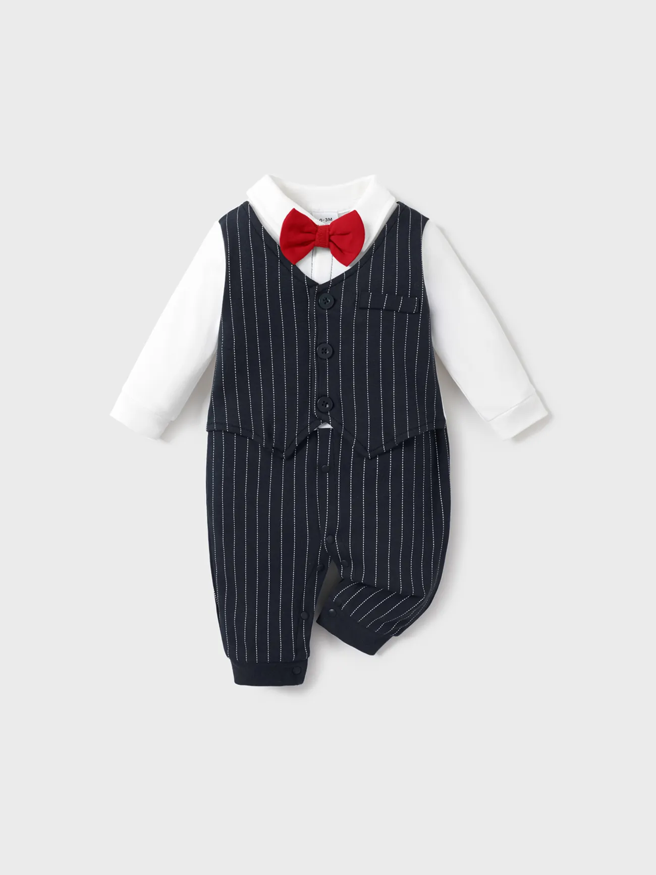 

100% Cotton Stripe Print Bow Tie Decor Long-sleeve Baby Jumpsuit